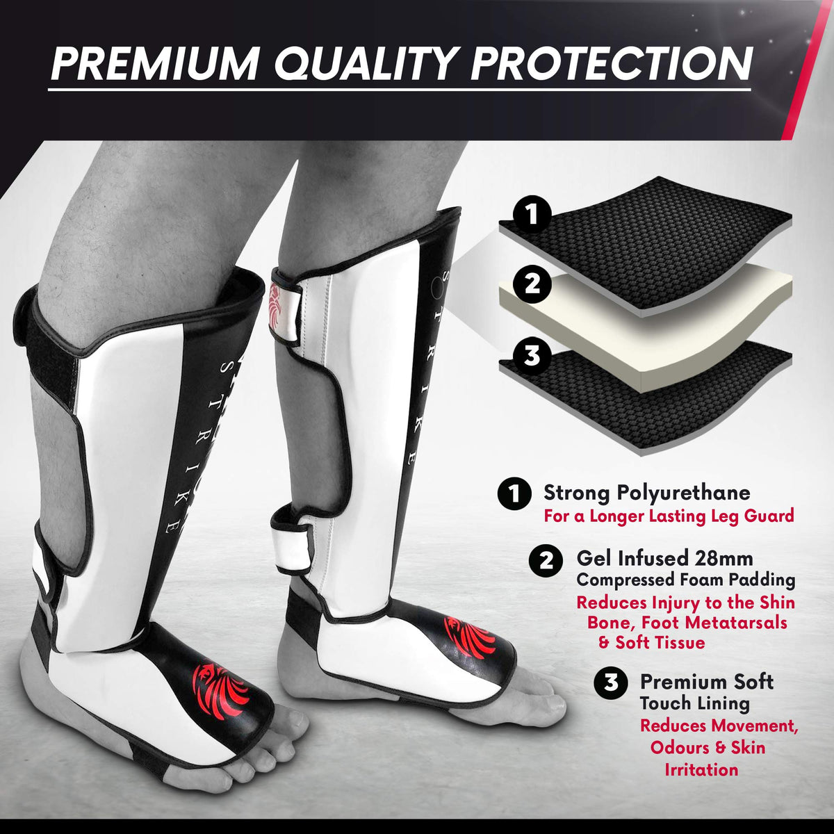 Valour Strike Shin Guards for Kickboxing Muay Thai MMA Karate Martial Arts Taekwondo or Kick Boxing | Sparring Pads to Guard Leg Foot & Instep |