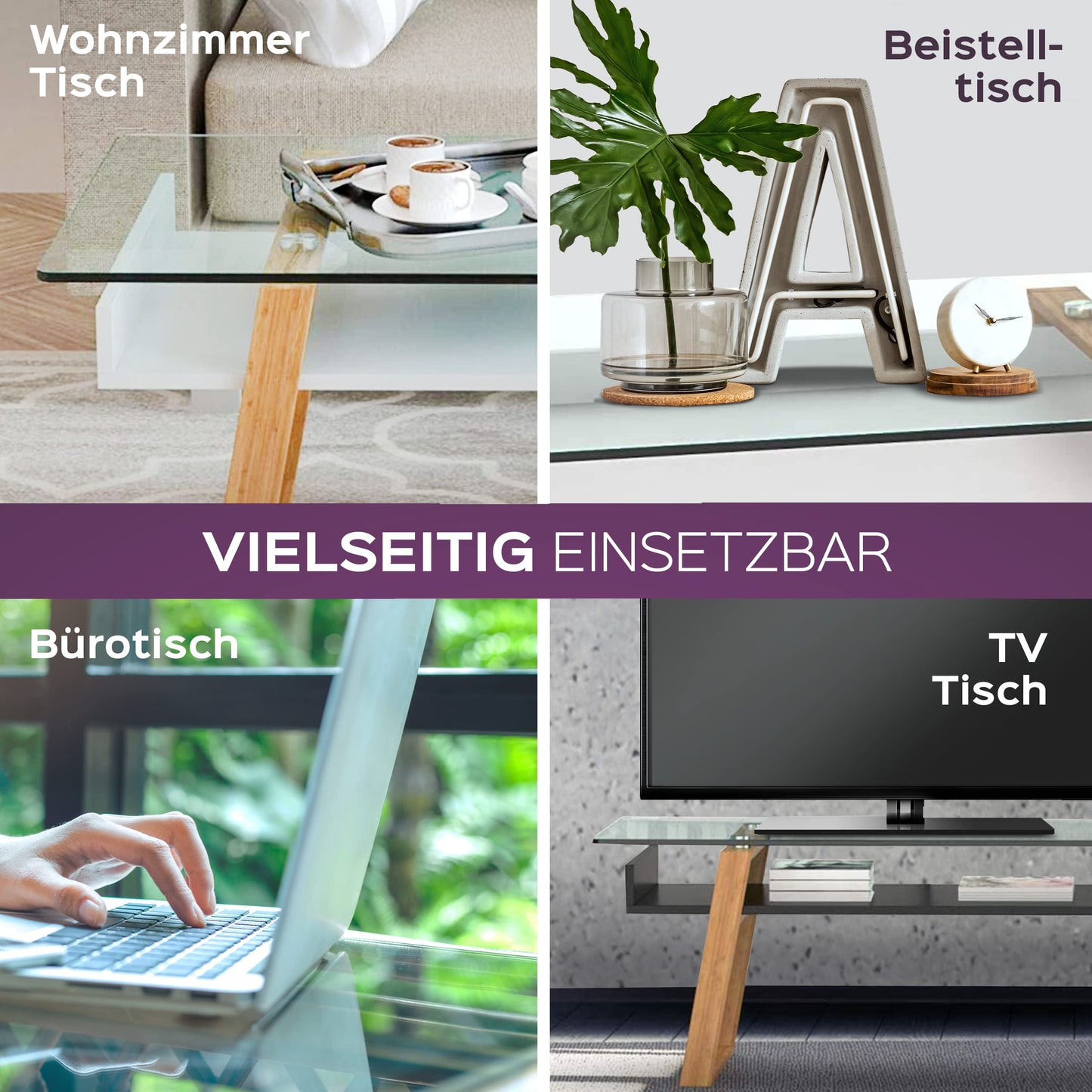 bonVIVO Black Glass Coffee Table with Bamboo - Modern Glass Table Living Room with Shelf 110 x 55 x 40 cm