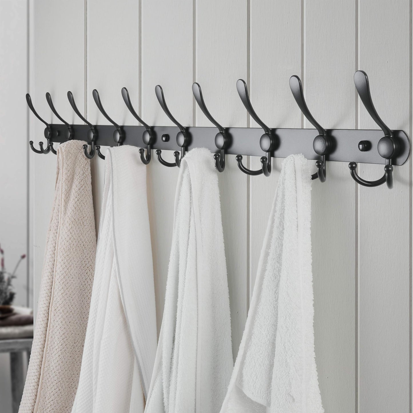 Dseap Wall Mounted Coat Rack - 96cm Long 10 Tri Hooks, Heavy Duty Stainless Steel Metal Coat Hanger Rail Wall Hooks for Coats Hats Clothing Clothes