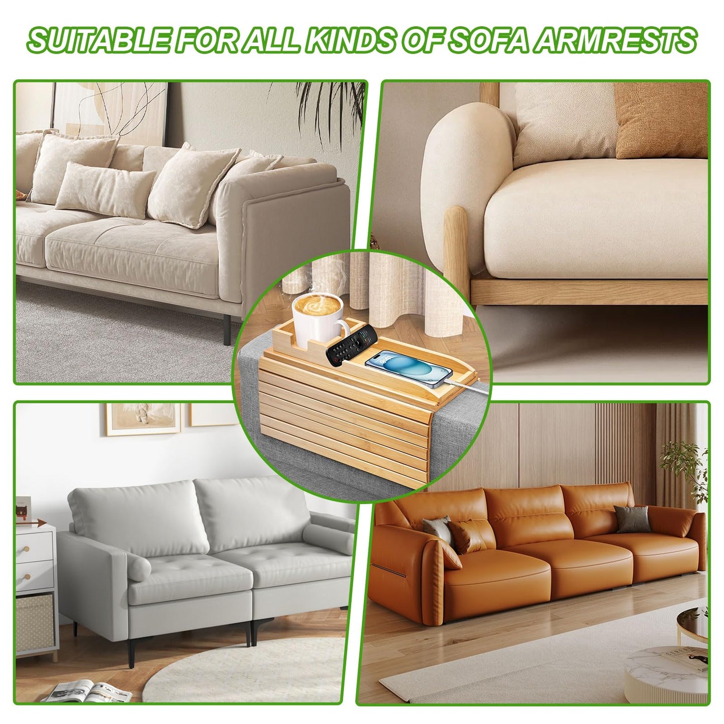 Sofa Arm Tray Natural Wooden, 2-in-1 Foldable Arm Chair Table with Detachable Tray, Anti-Slip Sofa Armrest Organizer for Recliners, Sectionals