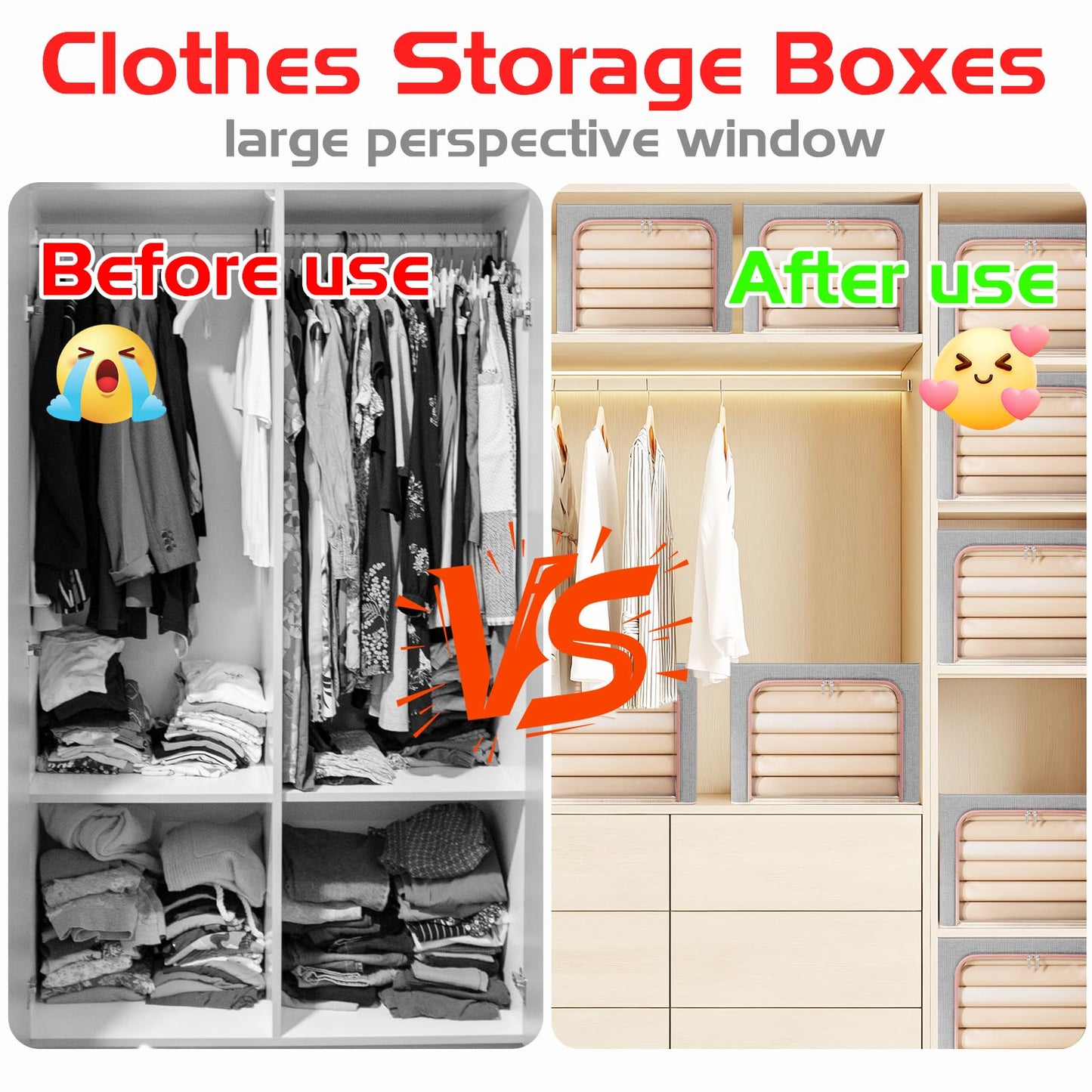 Resszo Large Clothes Storage Bag, 66L Foldable Oxford Cloth Steel Frame Box With Double Opening Zip And Clear Window, Sided Zip Top Lid