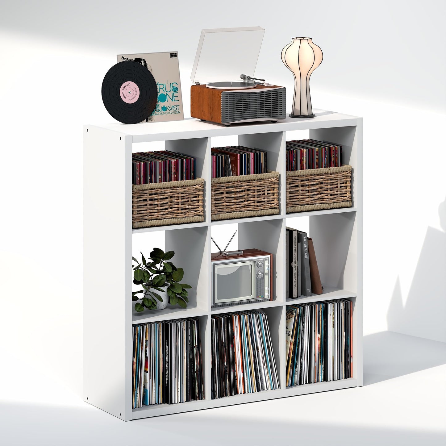 Furinno CUBICLE Record Player Stand with Vinyl Storage, 9-Cube 1.2 Extra Thick Vinyl Record Storage