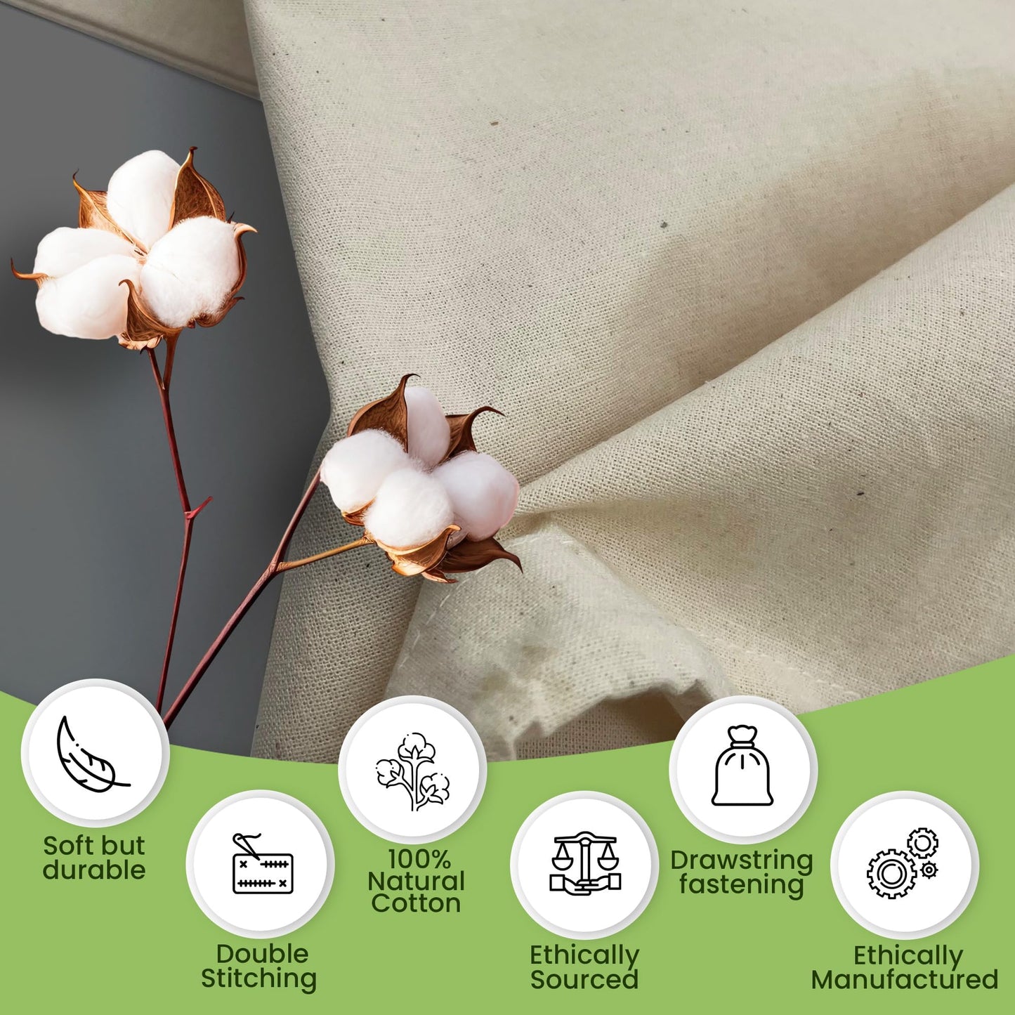 Bronta Mill Plain Natural 100% Cotton Drawstring Stuff Bags | Eco Friendly Storage Pouch | XL - 75 x 50cm (Natural, Pack of 10)