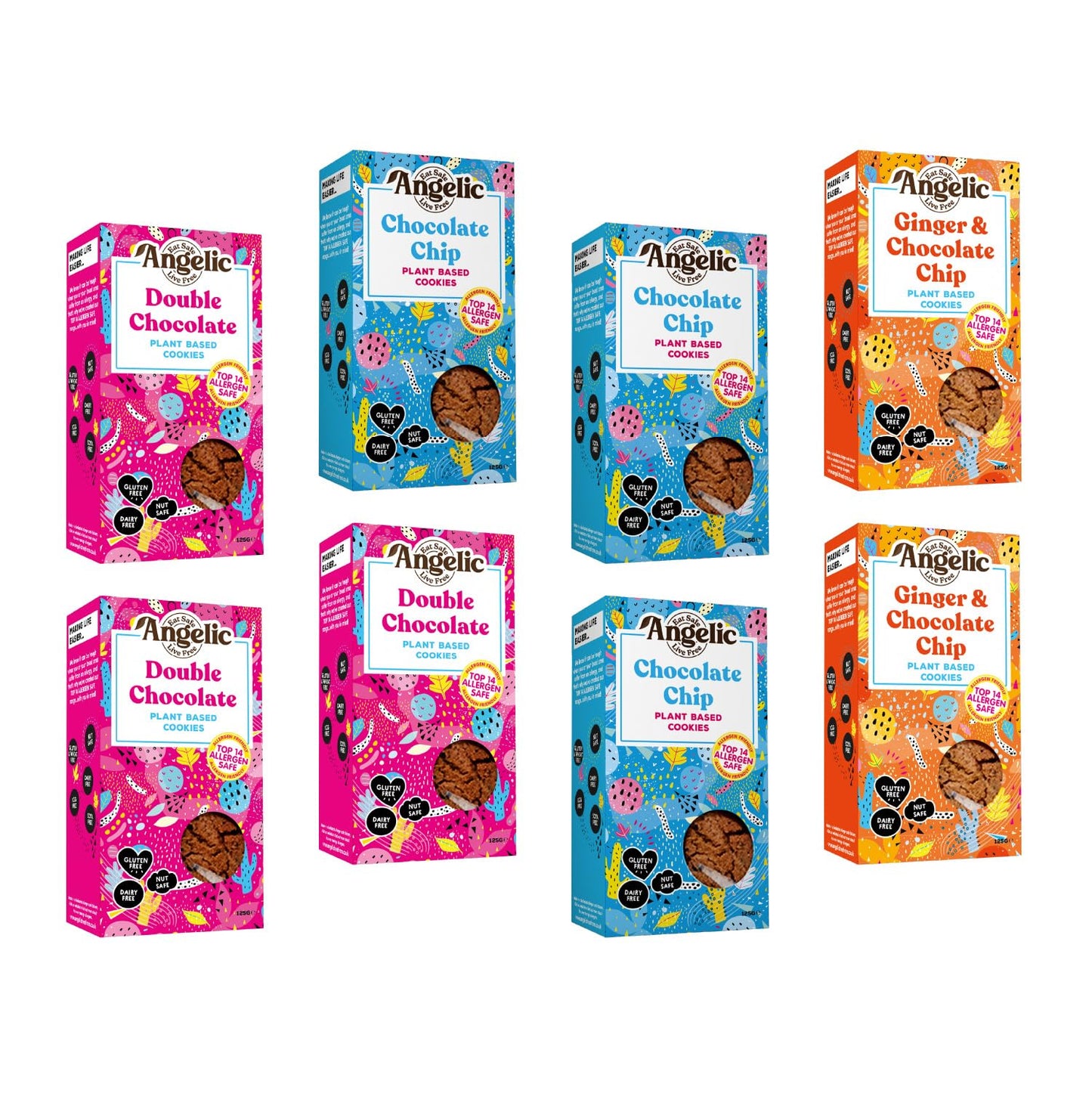Angelic Free From 8 Pack Vegan & Gluten Free Cookies ? Mixed Flavours (3 Chocolate Chip, 3 Double Chocolate, 2 Ginger & Chocolate Chip) ? Allergen