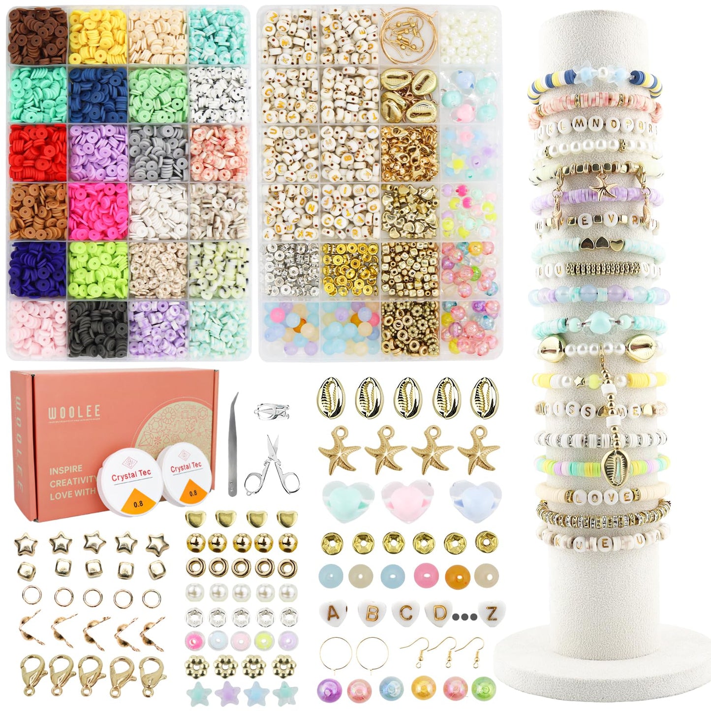 WOOLEE Clay Beads Bracelet Making kit, Polymer Clay Beads Friendship Bracelet Making kit, 24 Colours, Charms Jewellery Making kit for Bracelets