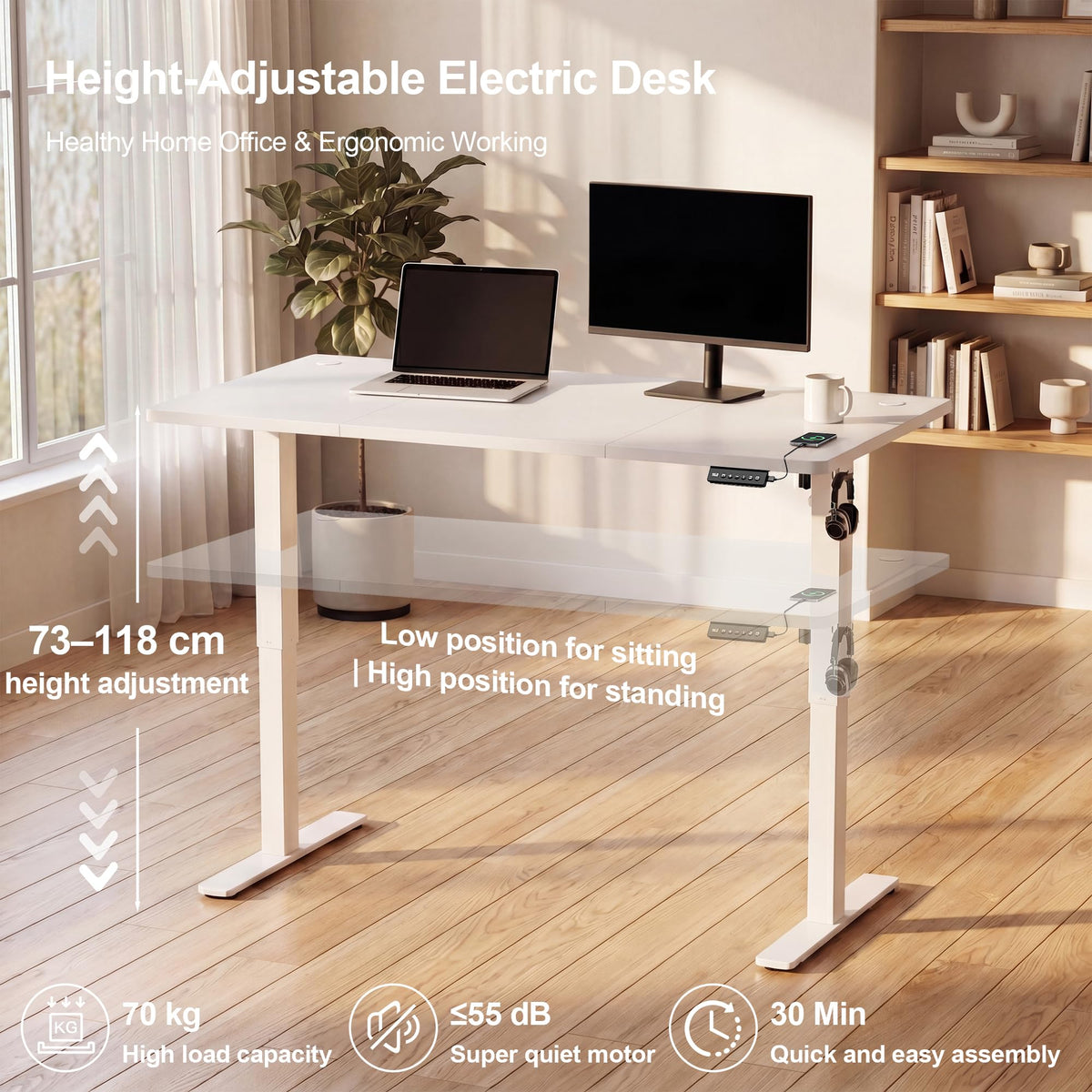 JUMMICO Electric Standing Desk 120x60cm – Height Adjustable with USB Charging, Sedentary Reminder, Memory Heights for Home Office Use, White