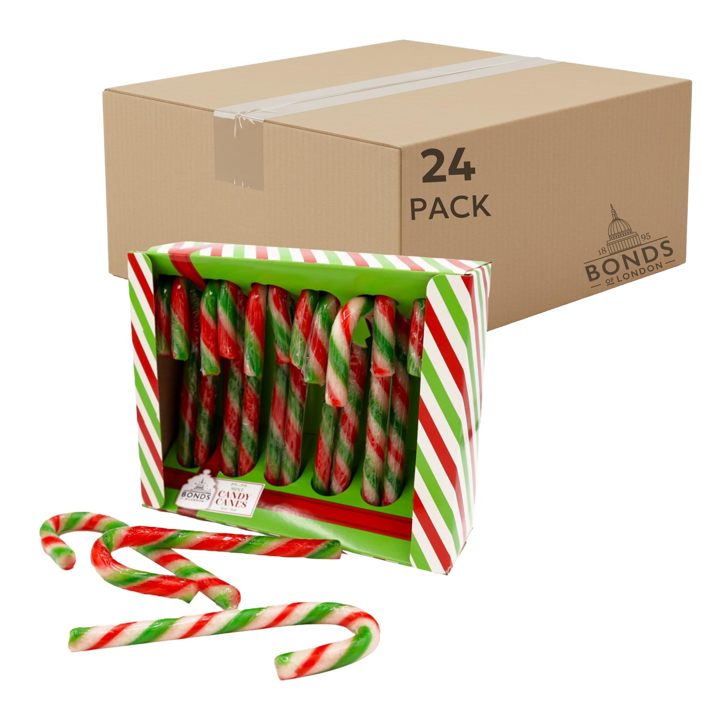 Bonds of London Candy Canes, Festive & Classic Peppermint Flavour, Ideal Stocking Fillers & Christmas Treats, 12 Canes Per 144 g Box (Bulk Pack Of 24