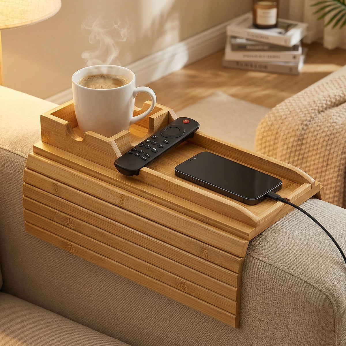 Bamboo Sofa Arm Tray, Foldable Table with Cup Holder and Remote Caddy