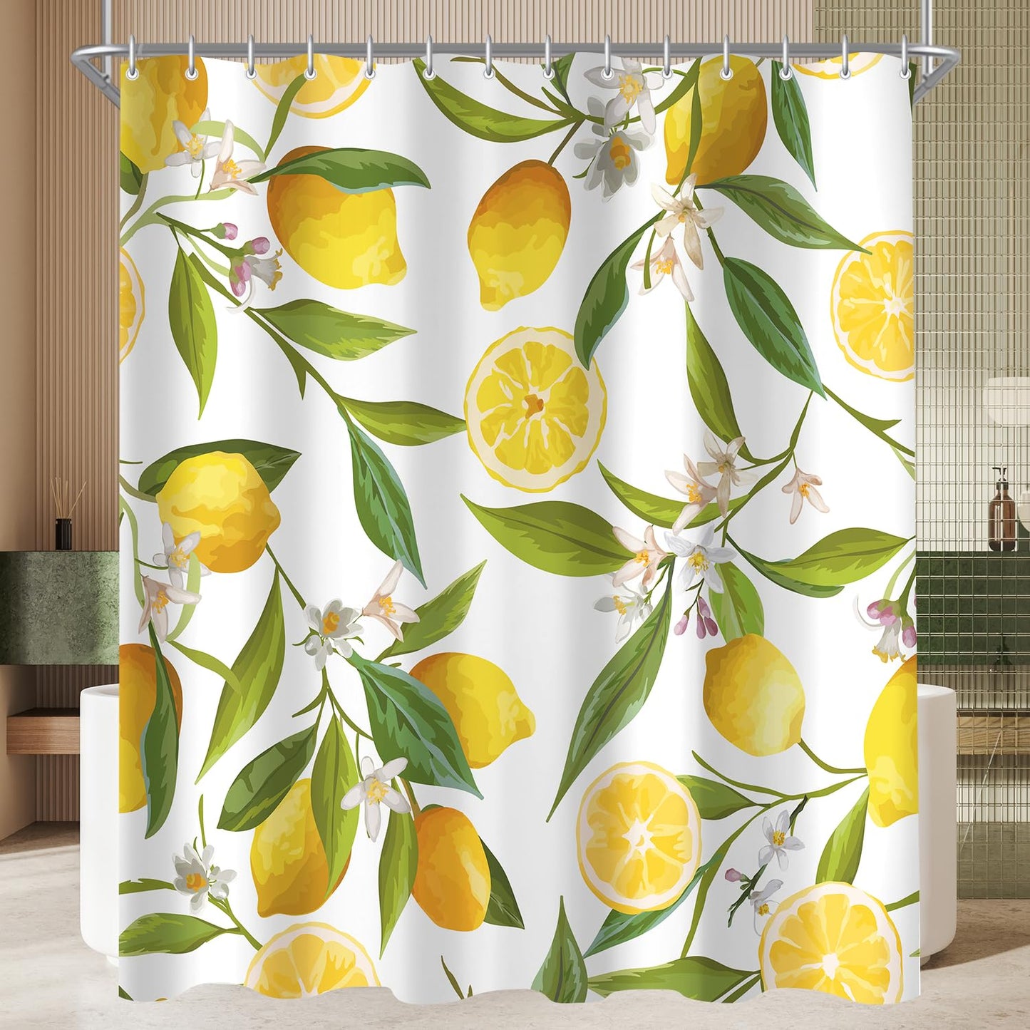 Lerores Shower Curtain, 100 x 200 cm, Lemon Leaf, Weighted Hem, Anti-Mould, Water-Repellent