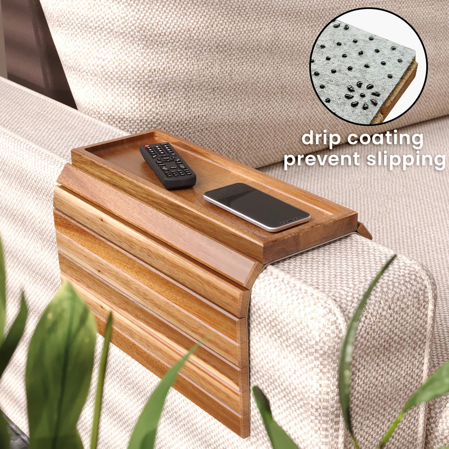 Fibogollo Sofa Arm Tray,Acacia Wood Folding Couch Arm Tray,1 pc Sofa Armrest Tray with Anti-Slip Pad for Drinks,Snacks,Phone,Remote Control