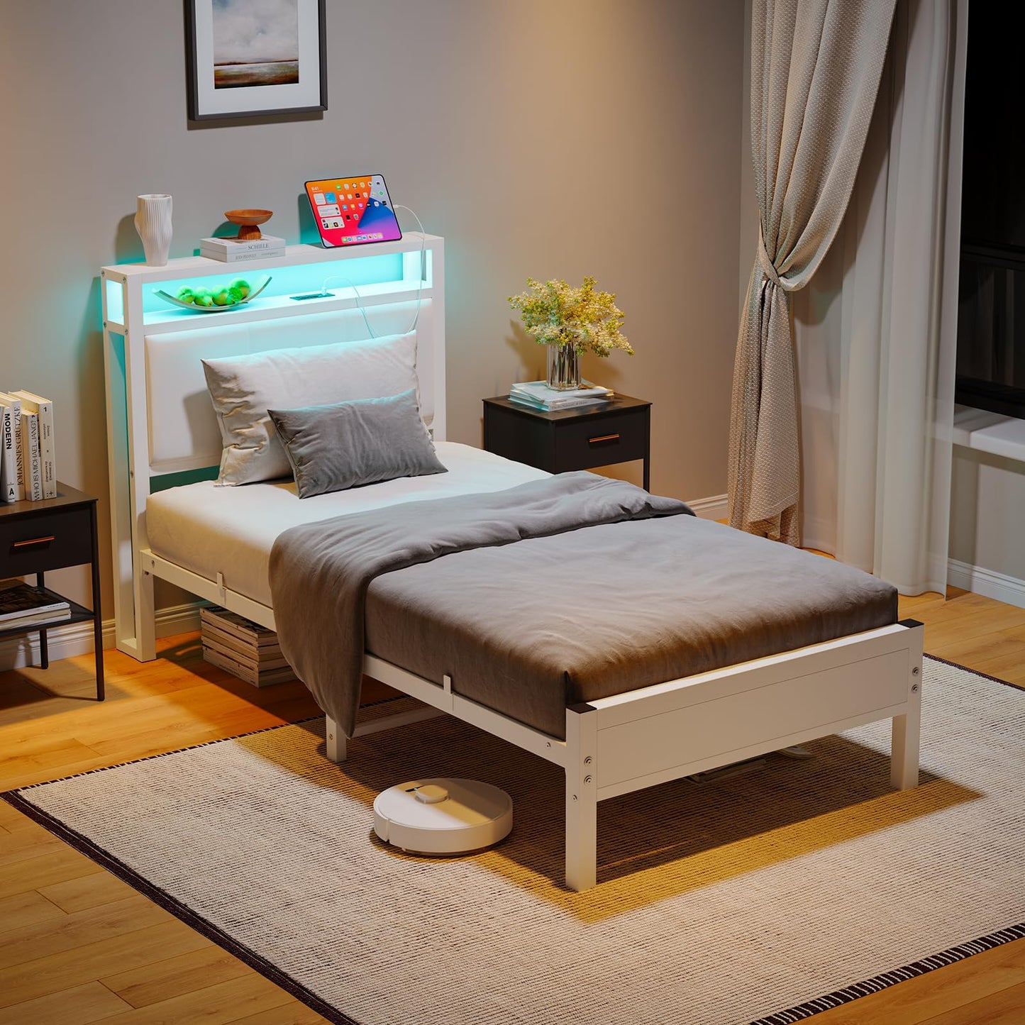 FOUBAM 3FT Single Bed Frame with Storage Headboard, White