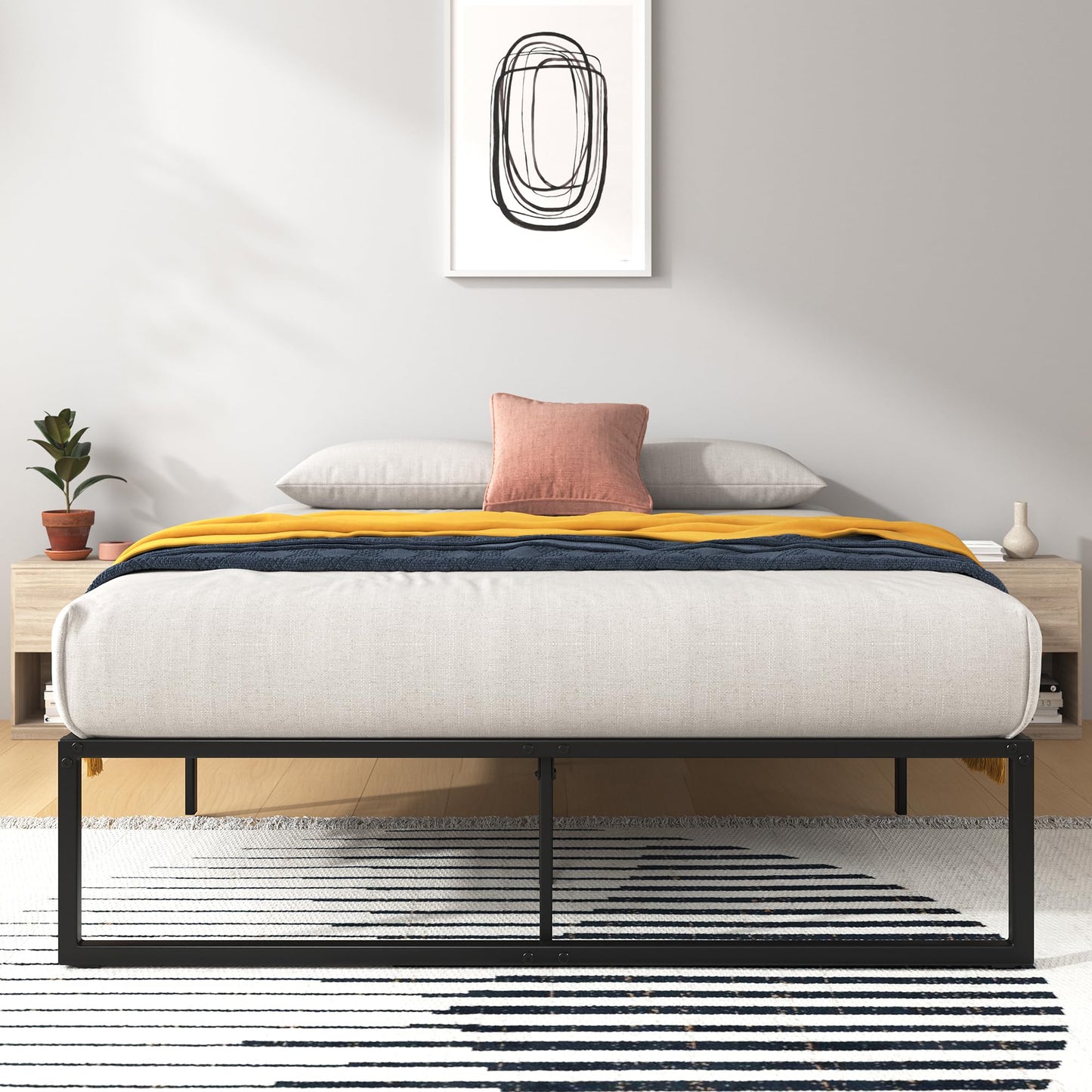 Zinus Lorelai Double Bed frame - Bed 135x190 cm - 36 cm Height with Underbed Storage - Metal Platform Bed frame - Black