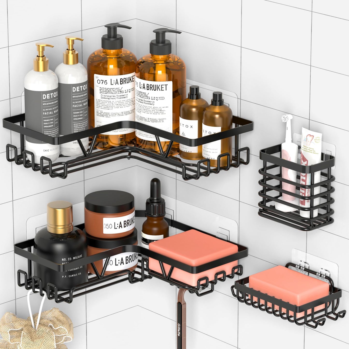 Kegii Shower Caddy Corner Black Stainless Steel Set - 4-Piece Space Saving Shower Organiser with Soap Dish & Toothbrush Holder, Bathroom Storage Gift