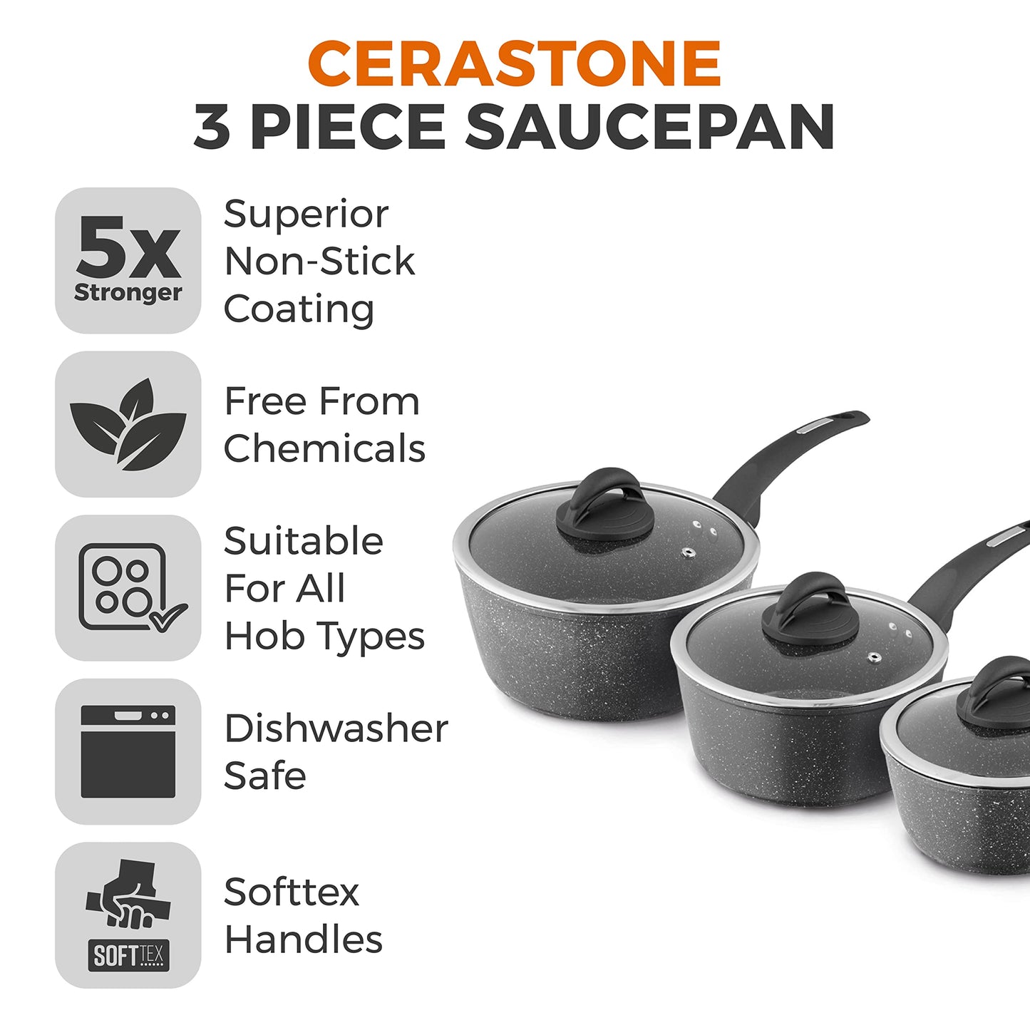Tower T81212 Cerastone Forged 3 Piece Saucepan Set with Non-Stick Coating and Soft Touch Handles,18/20/22cm, Graphite