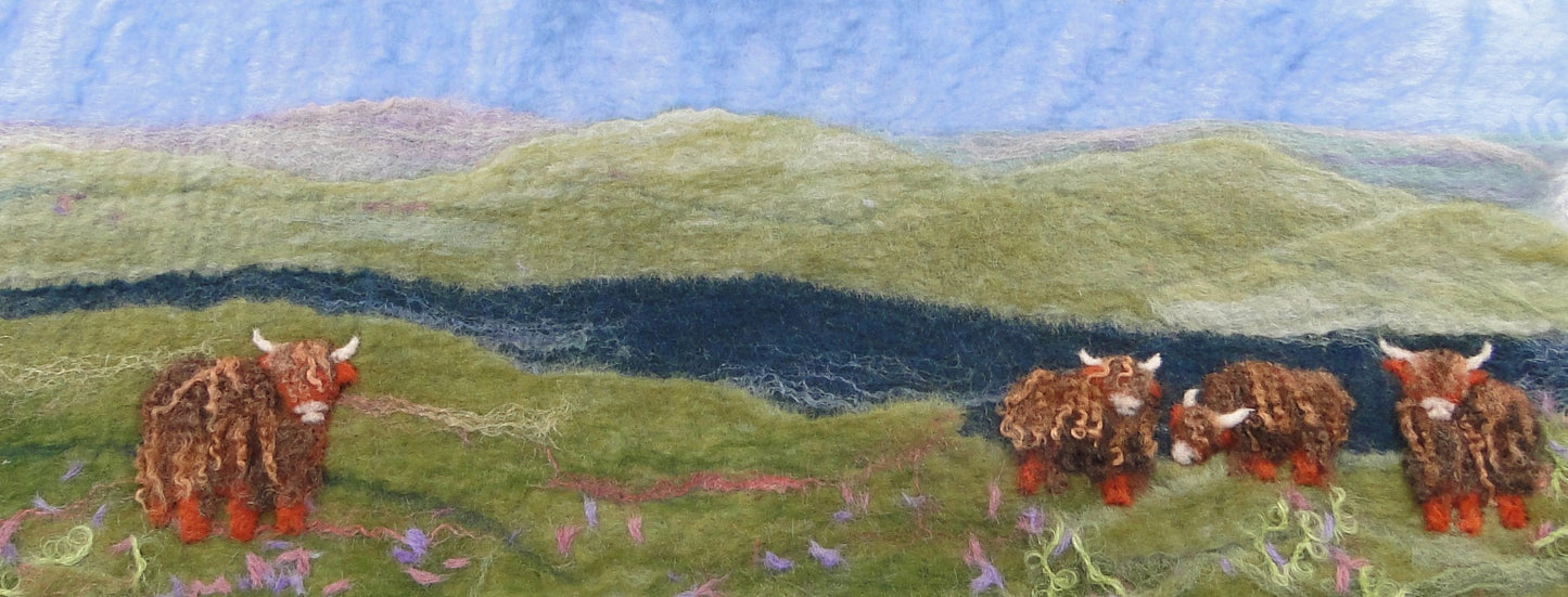 Artfelt Scottish Landscape Picture Felt kit with Highland Cattle- a Carefully Designed Felting kit to Make a Felted Scottish Landscape with Online