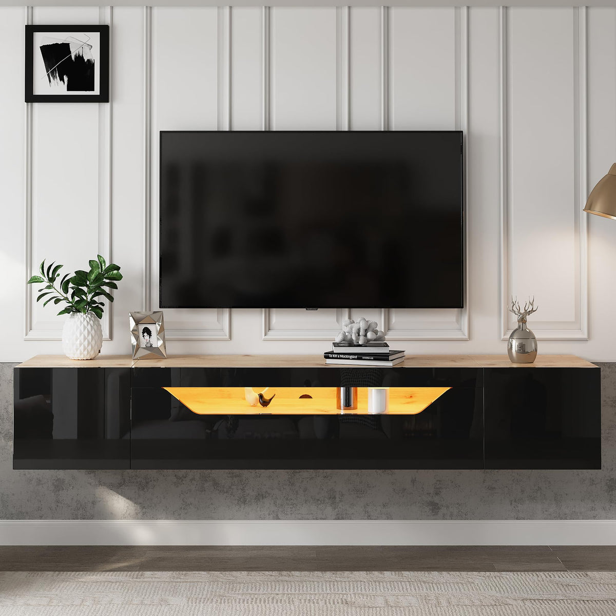 Ball & Cast Floating High Gloss TV Stand Cabinet with LED Lights, Pull-Down Door Wall Mounted Unit