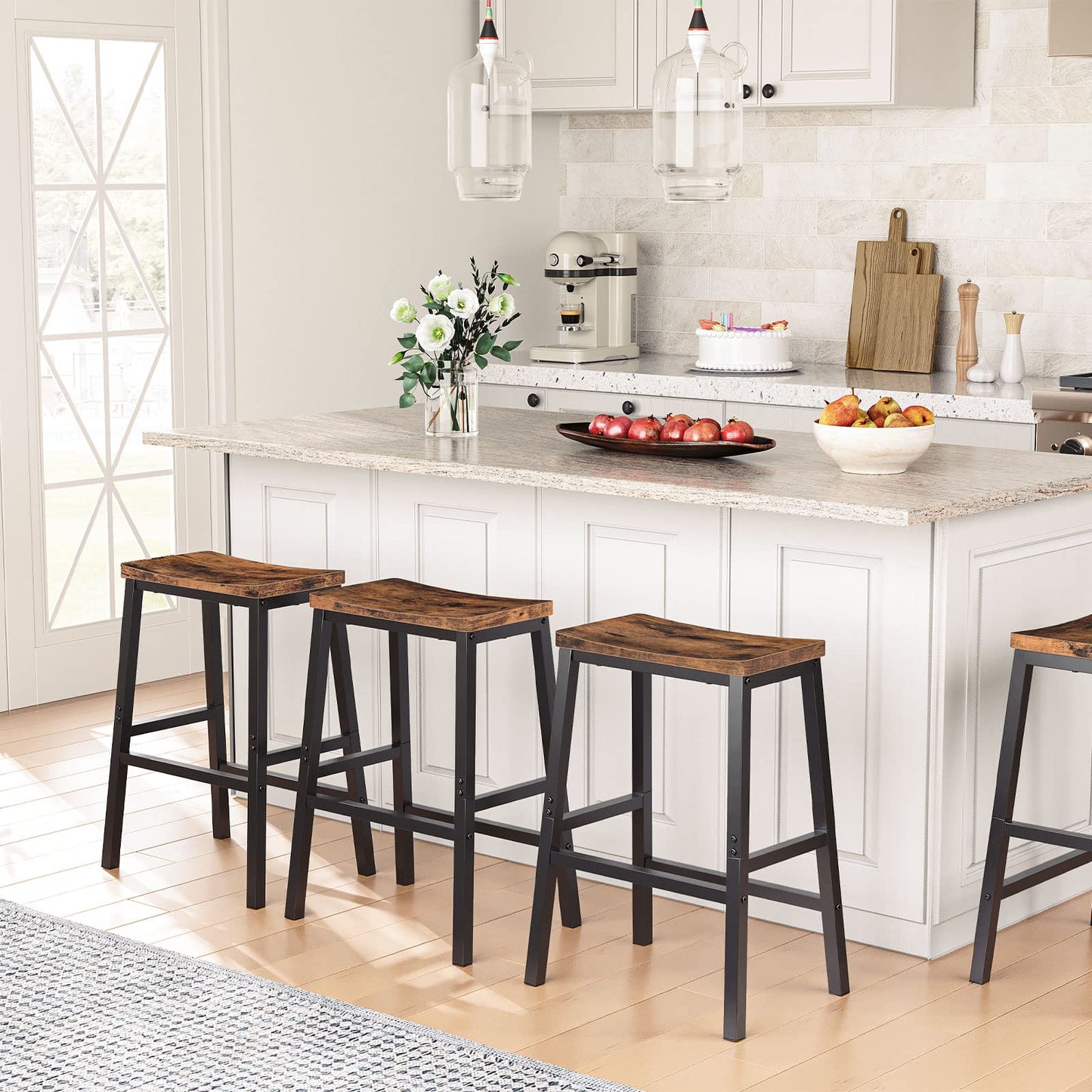 HOOBRO Bar Stools Set of 2, Tall Kitchen Breakfast Stools with Footrests, Bar Chairs with Saddle Seat for Kitchen, Counter, Easy Assembly