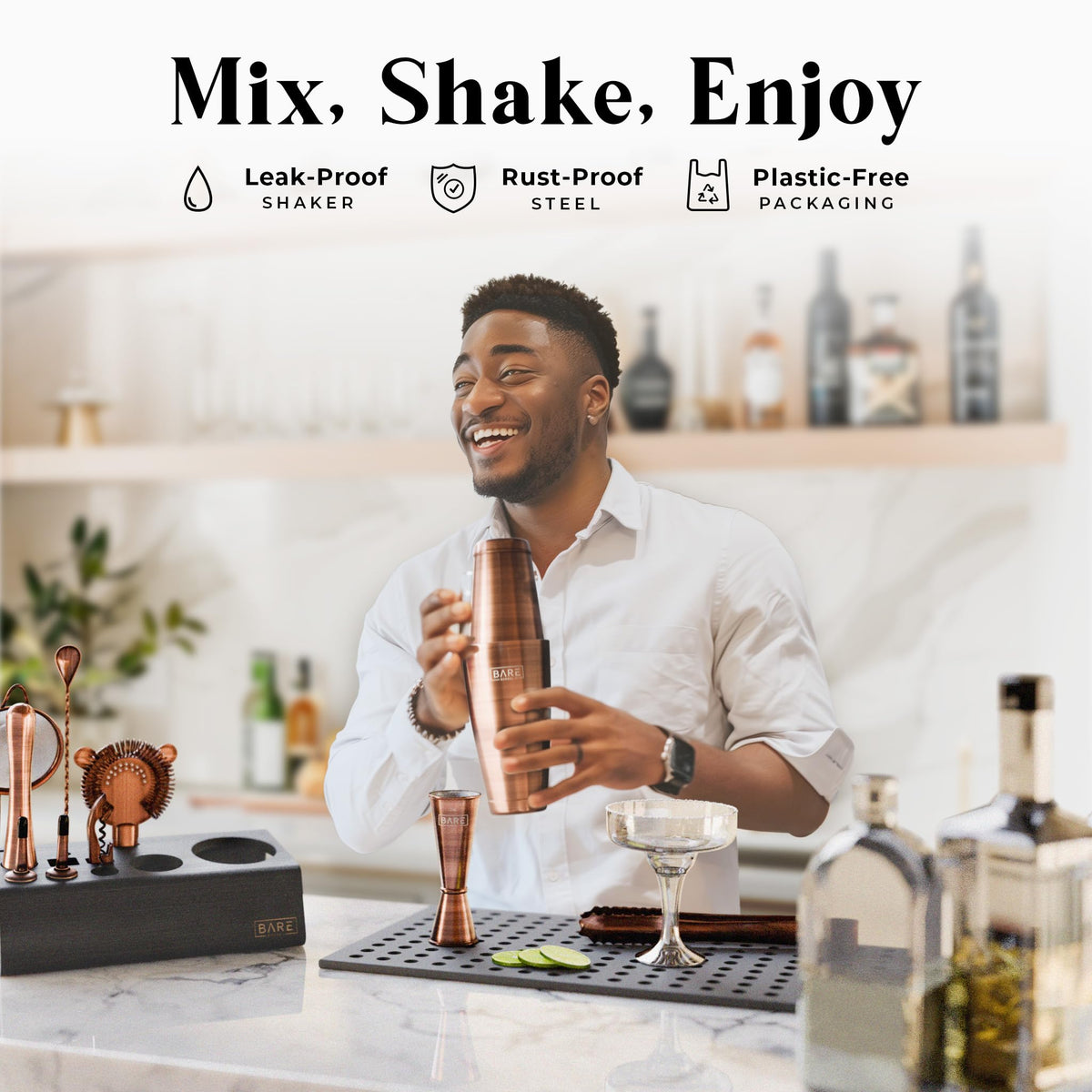 BARE BARREL Cocktail Making Kit | 14-Piece Bartender Kit Cocktail Shaker Set Maker | Bamboo Display Stand & 35 Recipe Cards | Mixology Cocktail Gift