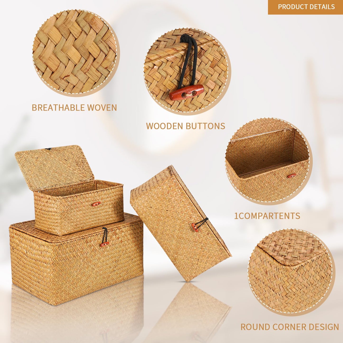 FEILANDUO Wicker Storage Baskets with Lids Seagrass Woven Baskets for Shelves Stackable Storage Boxes for Organizing Rattan Bins