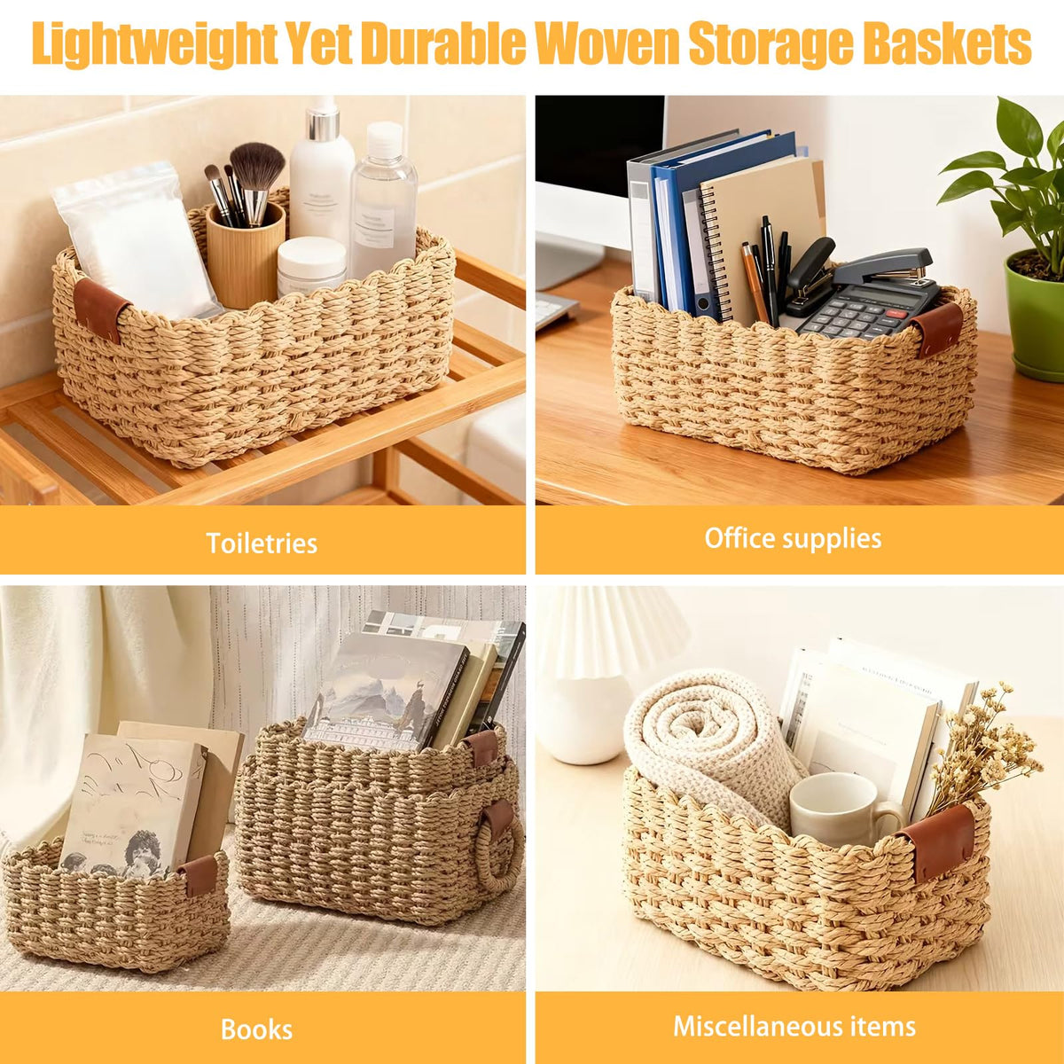 3 Set Woven Wicker Storage Baskets, Paper Rope Storage Boxes, Multifunctional Storage Baskets Empty, Decorative Bin Organizers