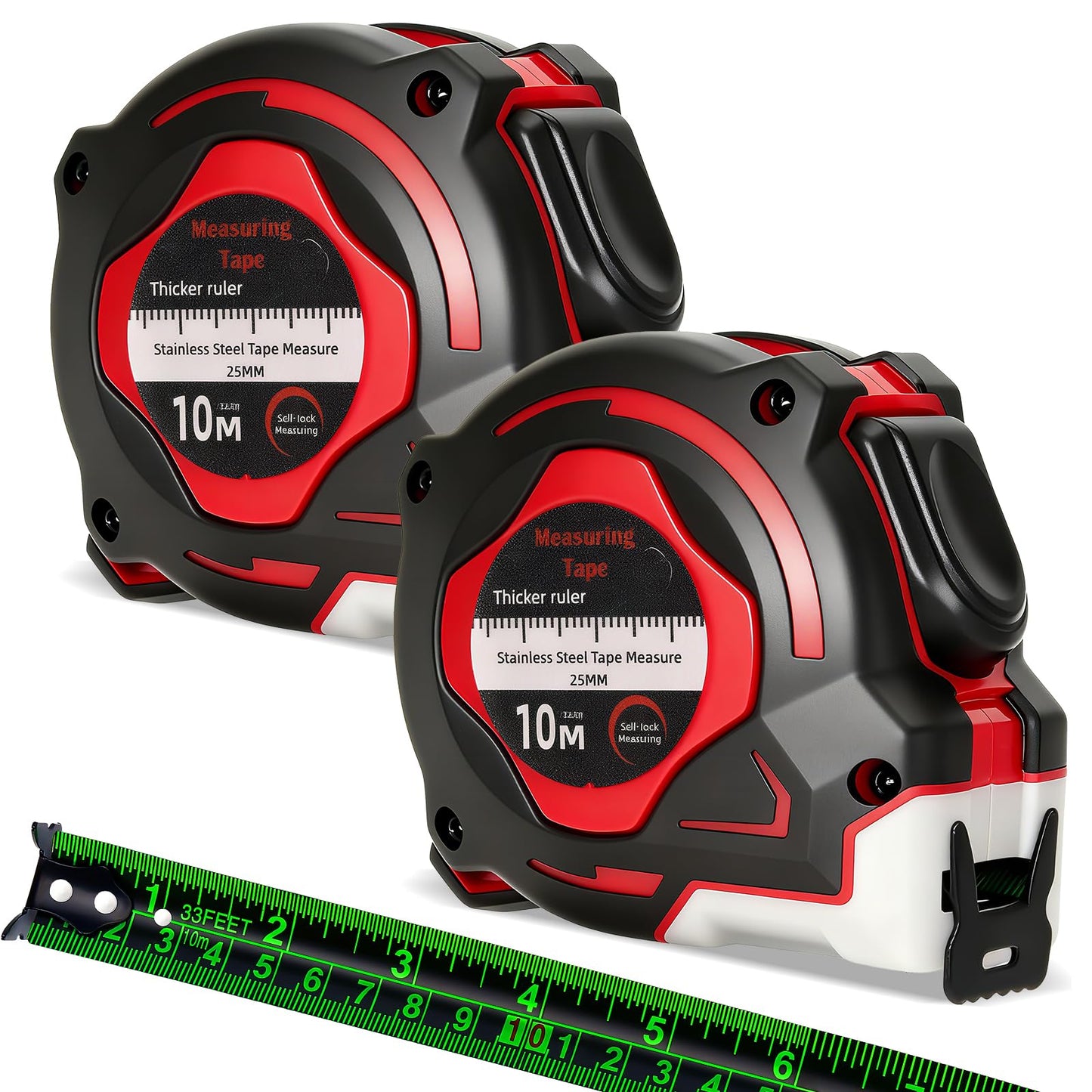 2 Pack Tape Measure 10 Metre, Fluorescent Durable Self-Locking Retractable Measuring Tape with Easy-Read Double-Sided Scale, 25mm Wide Stainless Steel