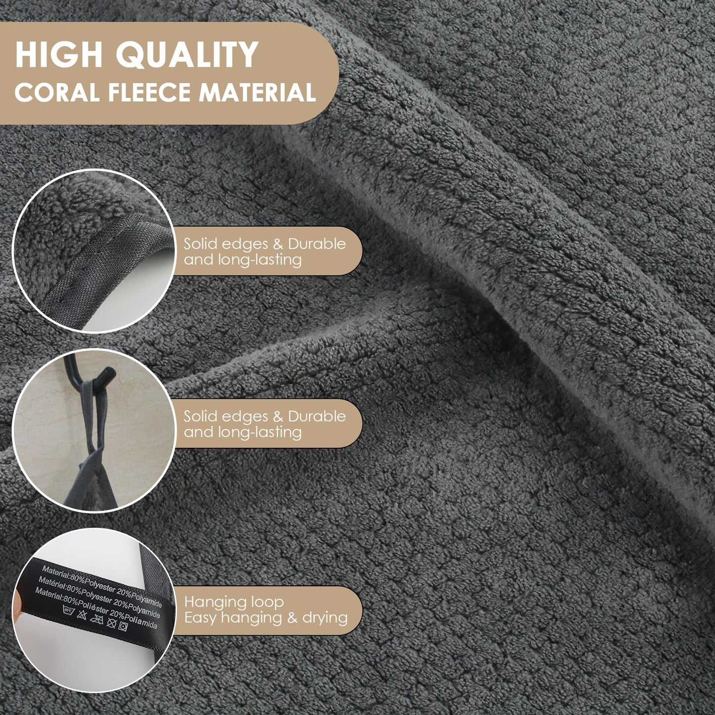 VIVOTE Waffle Weave Microfiber Hand Towels with Hanging Loop Dark Grey