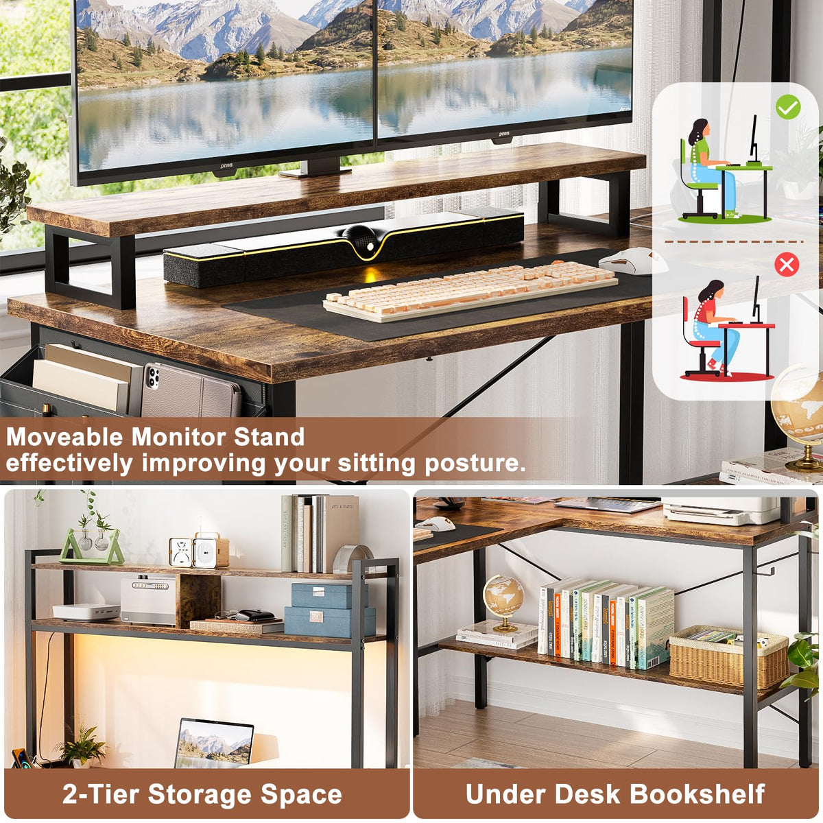 iSunirm L Shaped Gaming Desk with Power Outlets & LED Lights, Small L- Shaped Computer Corner Desk with Monitor Stand & Storage Shelf