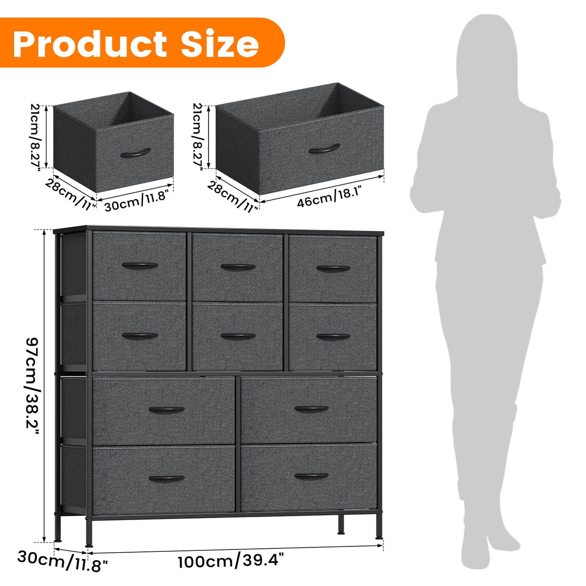 Feonase Chest of Drawers,Bedroom Tall Dresser with 10 Fabric Drawers, Metal Frame & MDF Wood Top, Adjustable Feet, Storage Organizer Unit for Bedroom