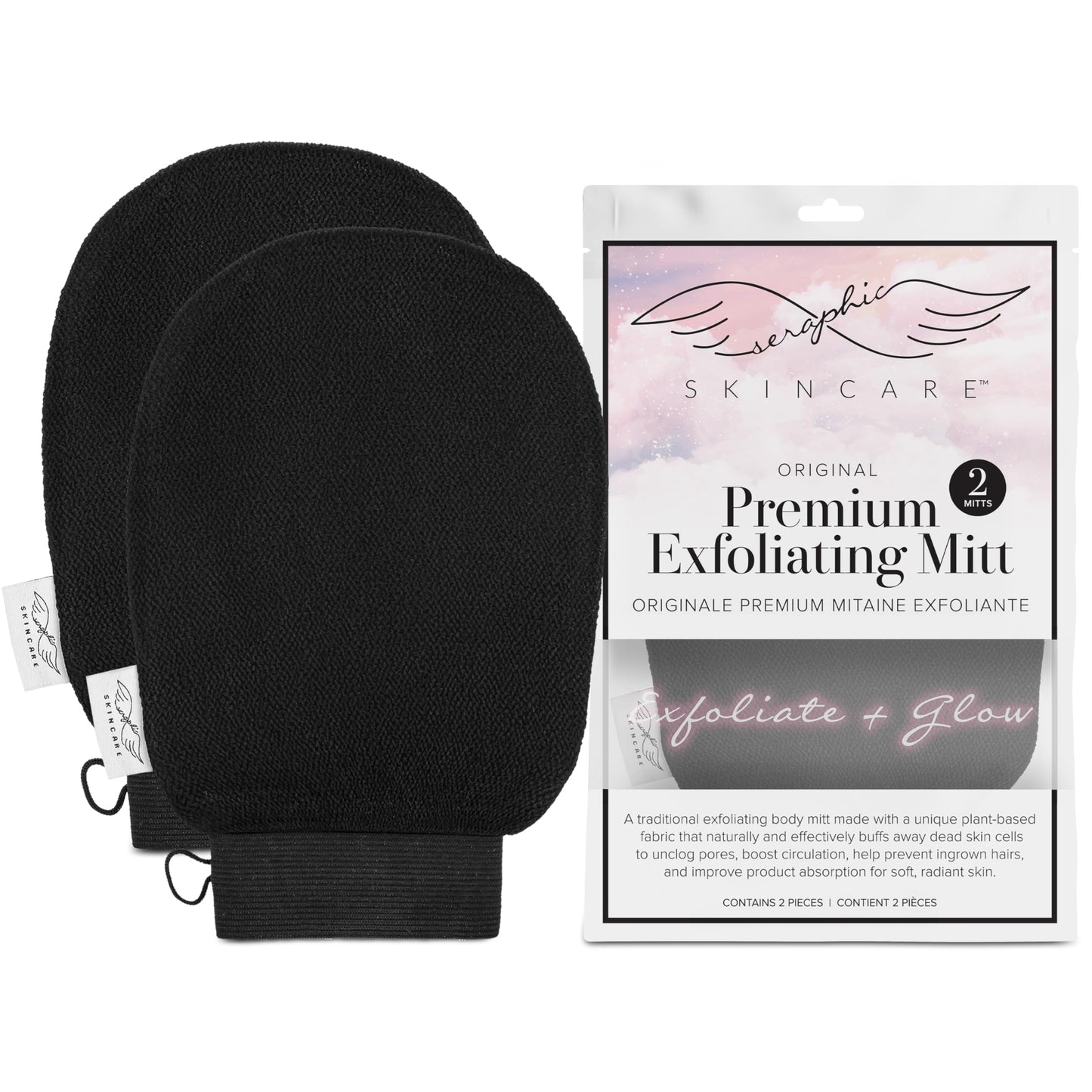 Seraphic Skincare (Original) Premium Exfoliating Mitt for Body (2pc) ? 100% Vegan Viscose Traditional Body Scrub Glove Kessa Korean Washcloth ? Body