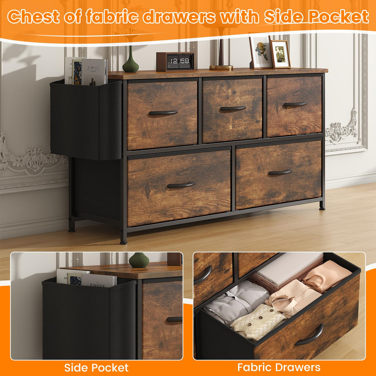 Feonase Fabric 5 Drawer Storage Cabinet with Side Pocket – Wide Dresser Chest for Bedroom, Hallway, Nursery & Closet, Metal Frame & Wood Top