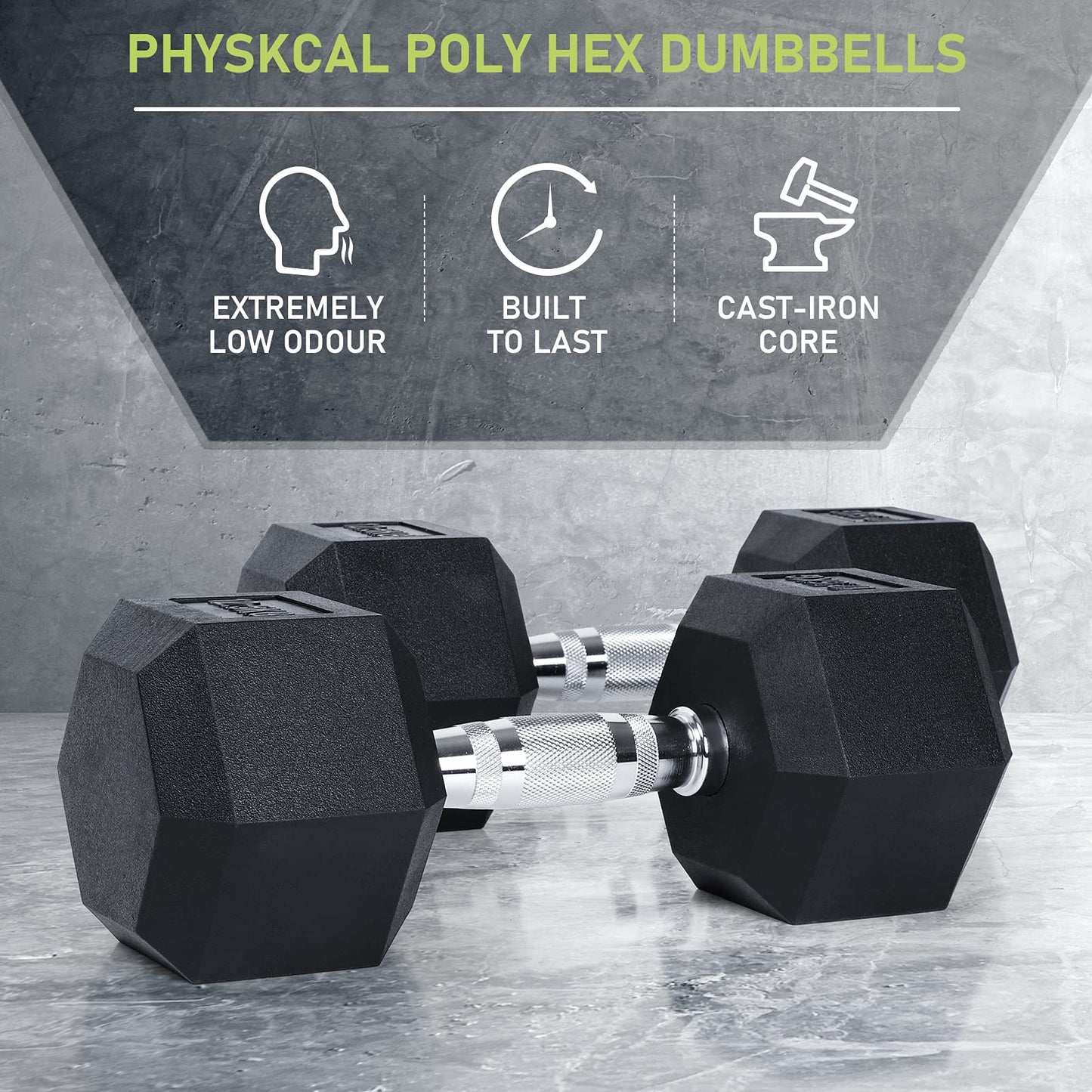 PhysKcal Hex Dumbbells Set 5kg Pair, Odourless Poly Rubber Encased Dumbbells 2.5KG 5KG 7.5KG 10KG 12.5KG 15KG 20KG Pair or Single Home Gym Weights