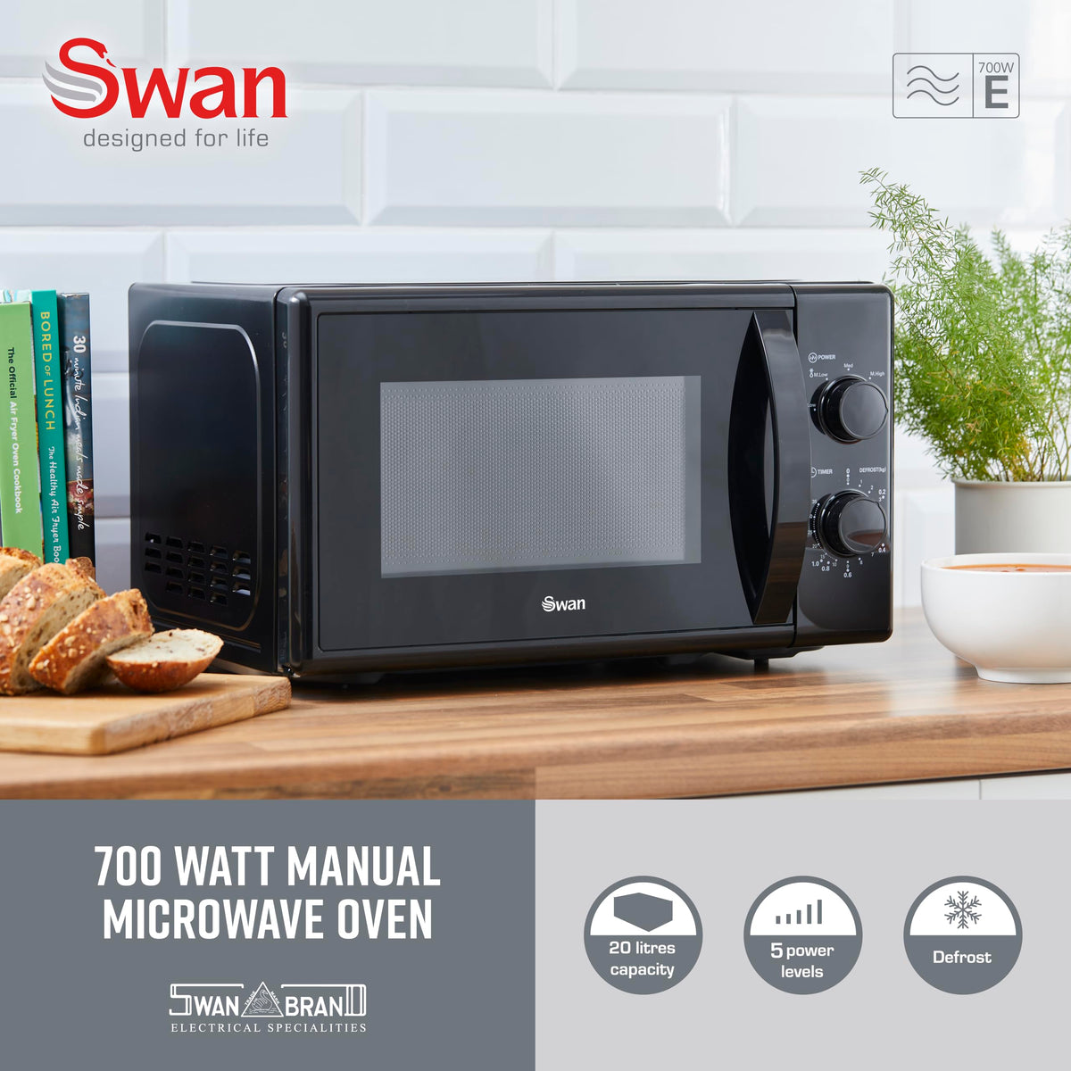Swan SM4420BLK Manual Microwave with 5 Power Levels, 35 Minute Timer, 700W, 20L, Black
