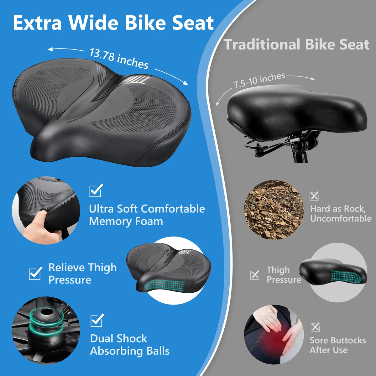 DAWAY W60 Extra Wide Bike Seat - Ultra Comfortable Memory Foam Saddle for Outdoor Indoor Rides, Ergonomic, with Shock Absorbers, Universal Fit for