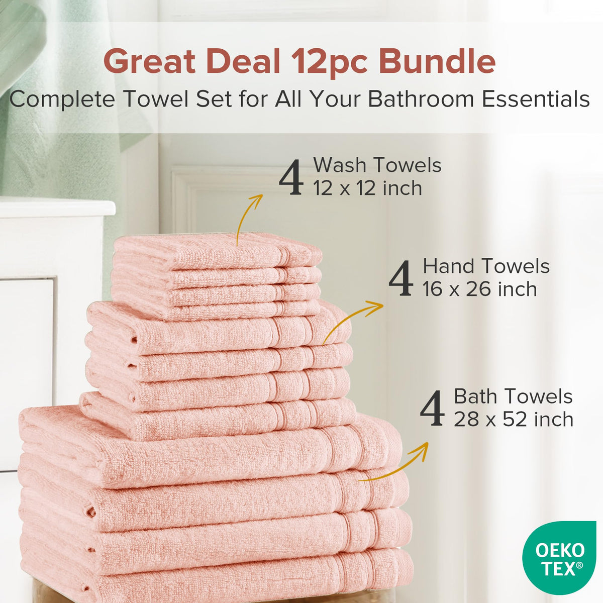 Comfort Spaces Towel Set for Bathroom 12 Piece Luxury Bath Towel Set 4 Hand Towel for Bathroom 4 Washcloth 4 Large Bath Pink Towel Sets 100% Cotton