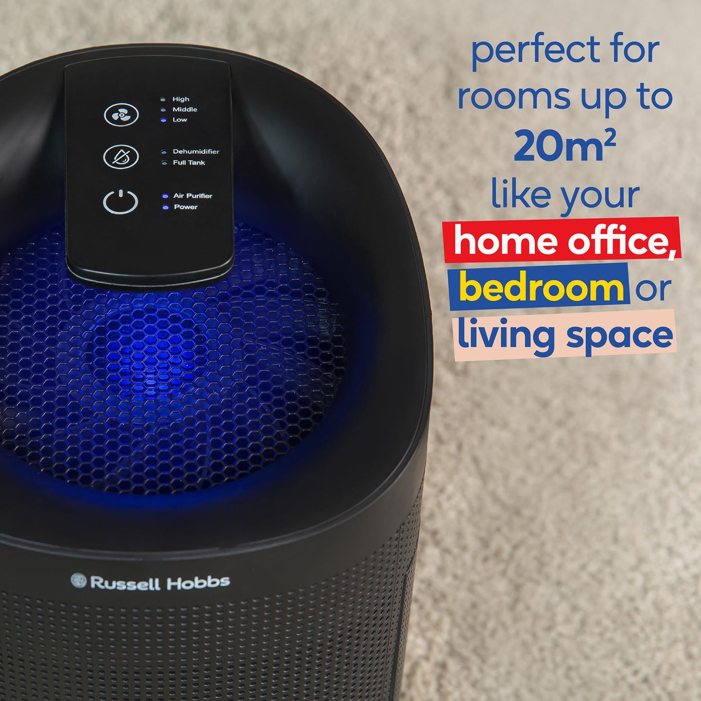 Russell Hobbs RHDH1101B Ozone Free, 750ml/day 2 in 1 Black Dehumidifier/Air Purifier, 20m2 Room Size, LED Lighting & Captures Bacteria, for Home,