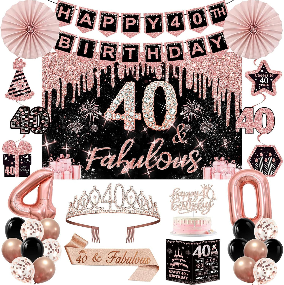 40th Birthday Decorations for Women,32PCS 40th Birthday Party Decorations,Including Backdrop,Sash, Crown, banner, Hanging Swirl,Cake