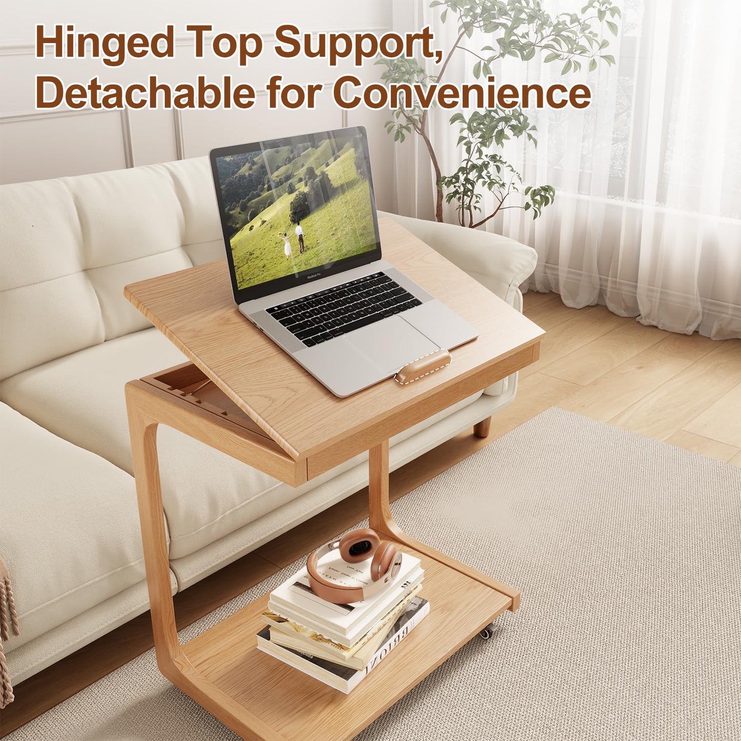 AQIMUELE Wooden C-Shaped End Table,Couch Table with Adjustable Desktop,Small Rolling Side Table with 2 Lockable Wheels 60 Width,Small End Table for