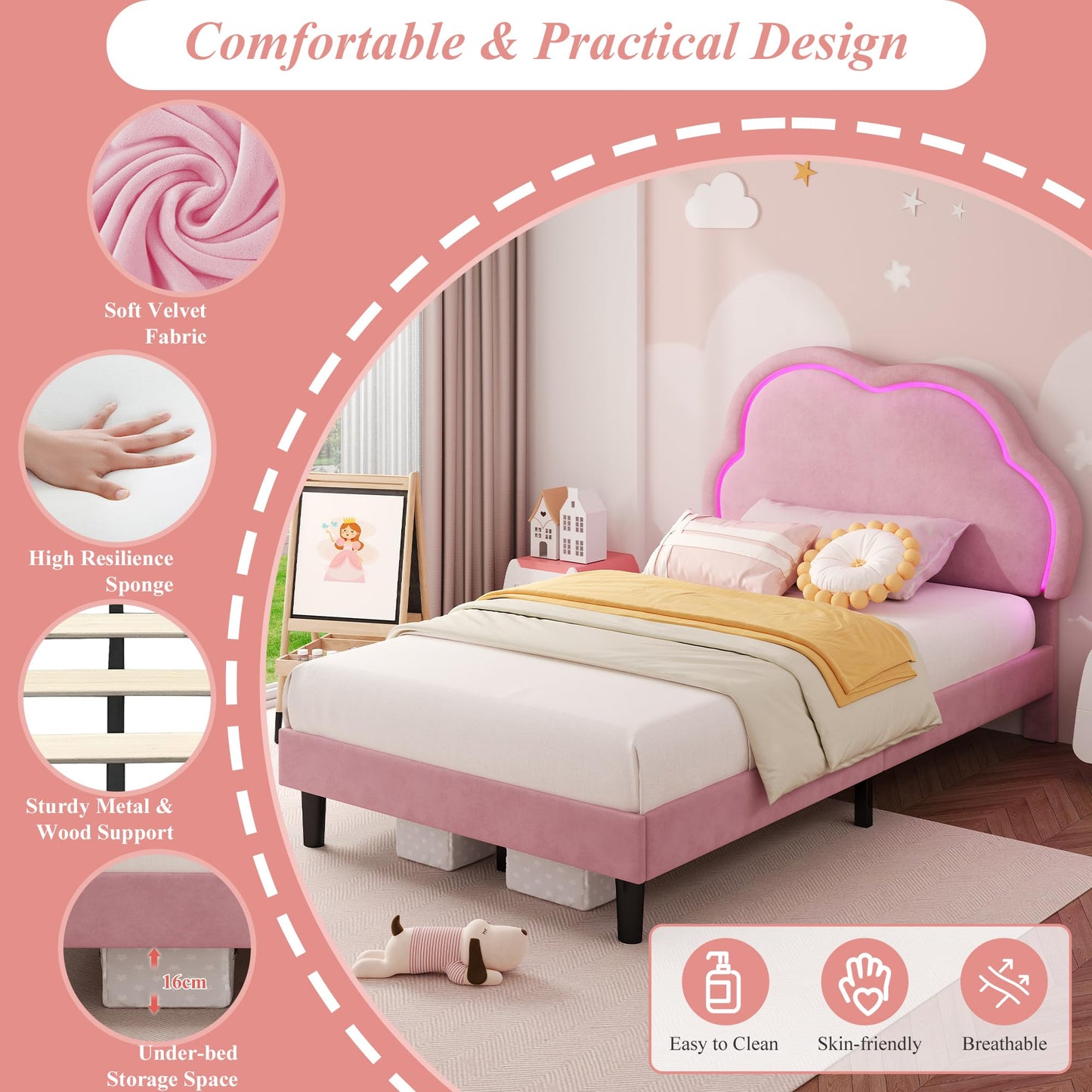 Ball & Cast 3ft Single Upholstered Bed with LED Adjustable Cute Cloud Headboard, Soft Velvet Bed Frame with Solid Wood Slat, No Box Spring Needed