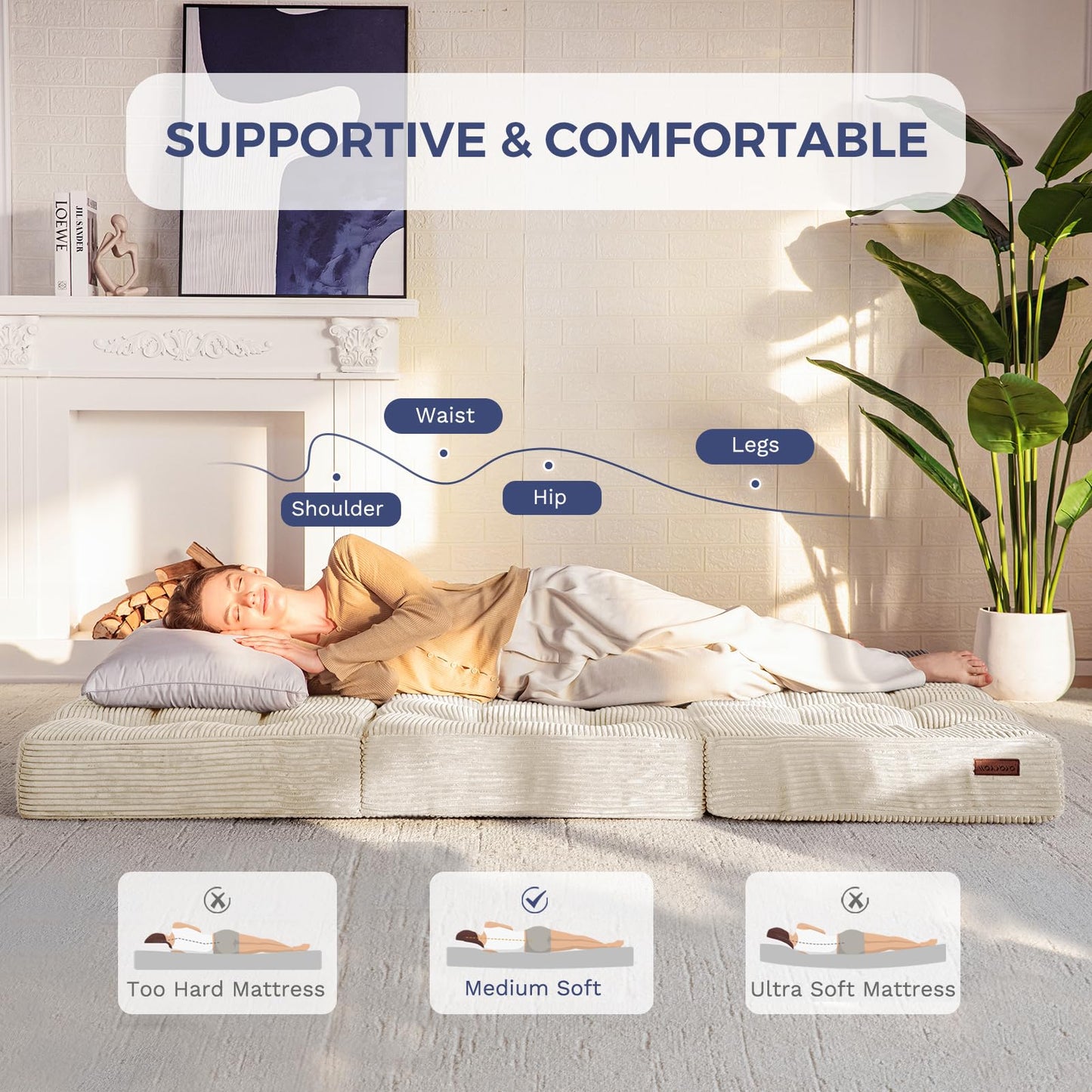 MAXYOYO Folding Mattress, Comfy Corduroy Foldable Mattress with 15cm Thicken Foam, Tri-Fold Floor Futon Sofa Bed for Guest,Off-white,Single