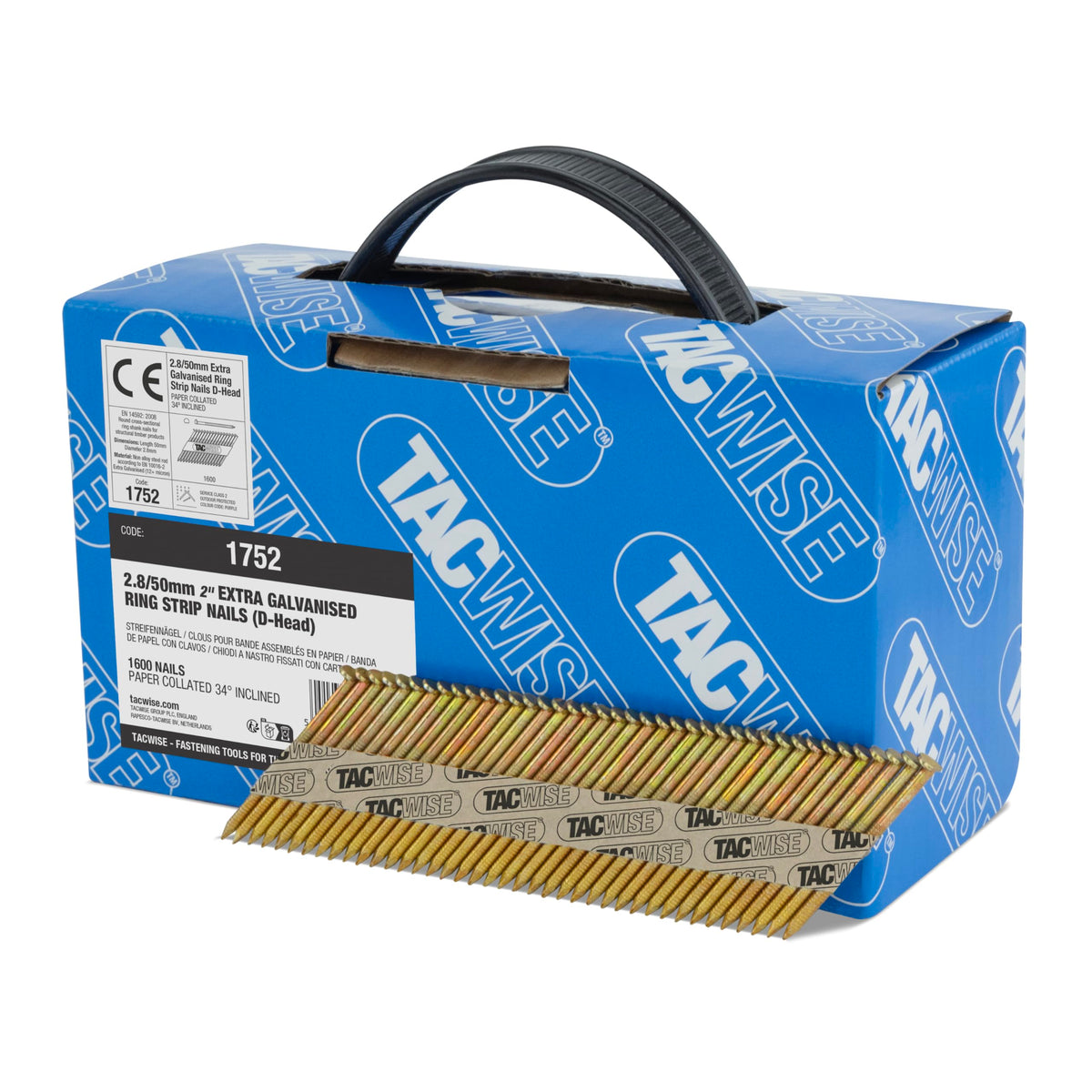 Tacwise 1752 Extra Galvanised Framing Nails 2.8 / 50 mm, D Head, Ring Shank, 34? Inclined, Paper Collated, Pack of 1600