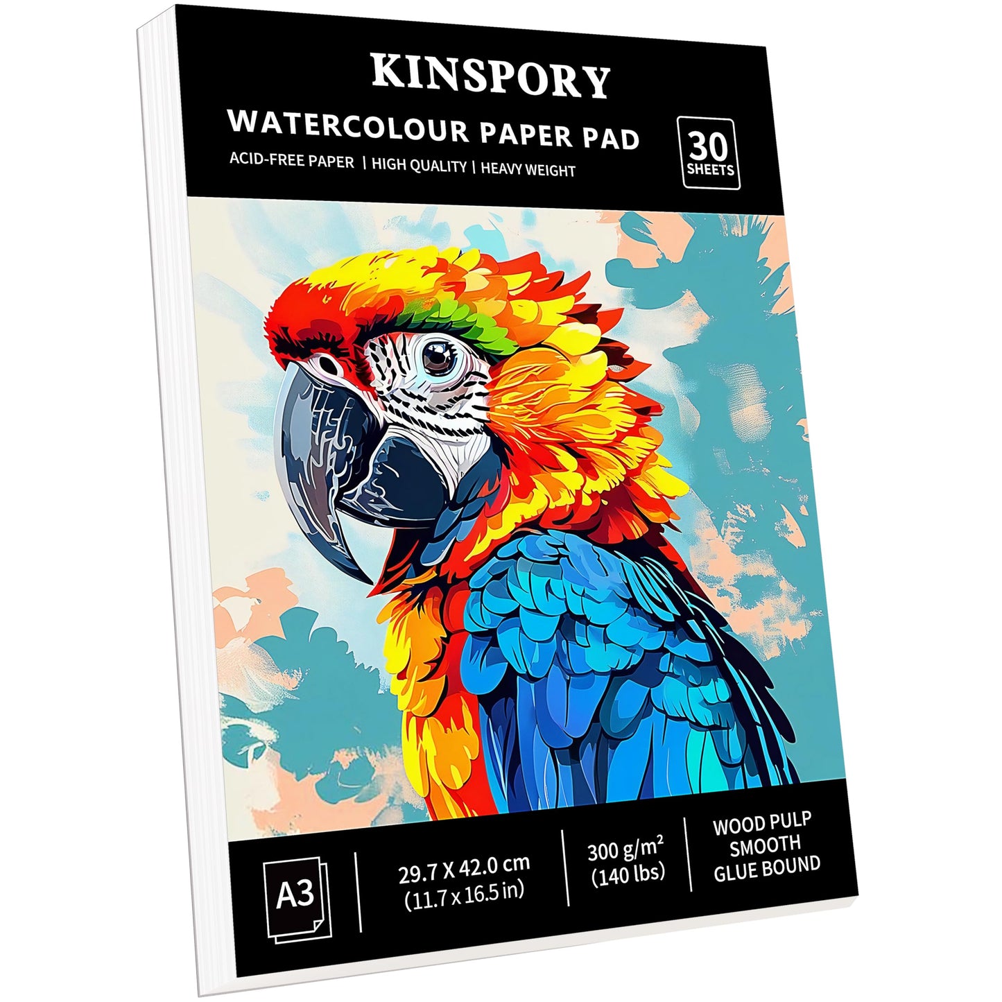KINSPORY Watercolour Paper Pad A3 x 30 Sheets - 300GSM Glue Bound, Cold-Pressed Texture Art Watercolour Paper, Sketchbook for Painting, Drawing,