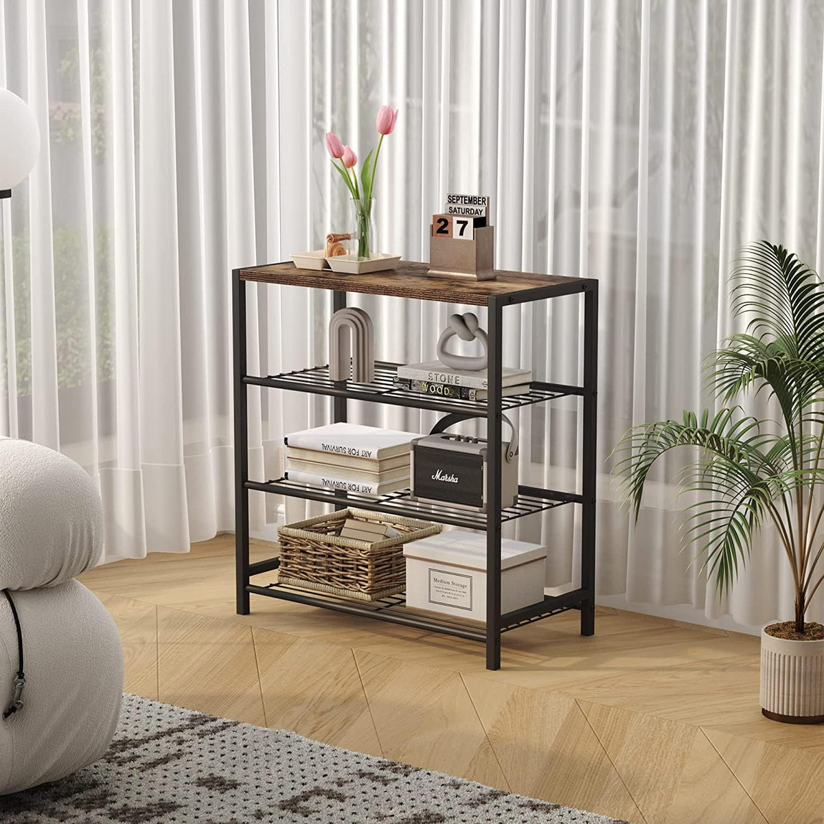 HOME BI 4-Tier Industrial Shoe Rack,Metal Shoe Storage Organizer Shelves with Stable Metal Frame, Shoe Organizer for Closet, Hallway, Entryway, Living