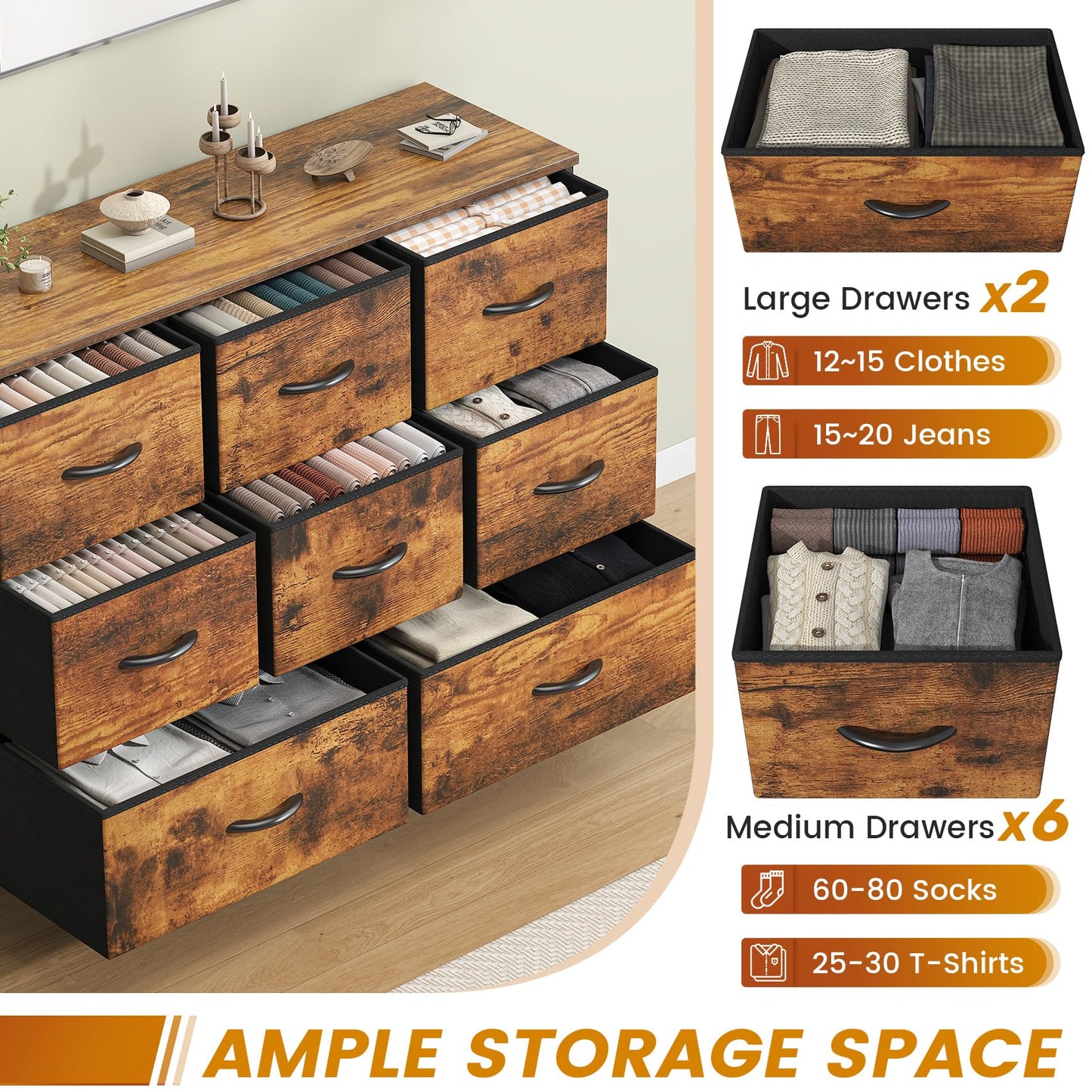 Feonase Chest of Drawers, Bedroom Dresser with 8 Fabric Drawers, Metal Frame & MDF Wood Top, Adjustable Feet, Storage Organizer Unit for Bedroom