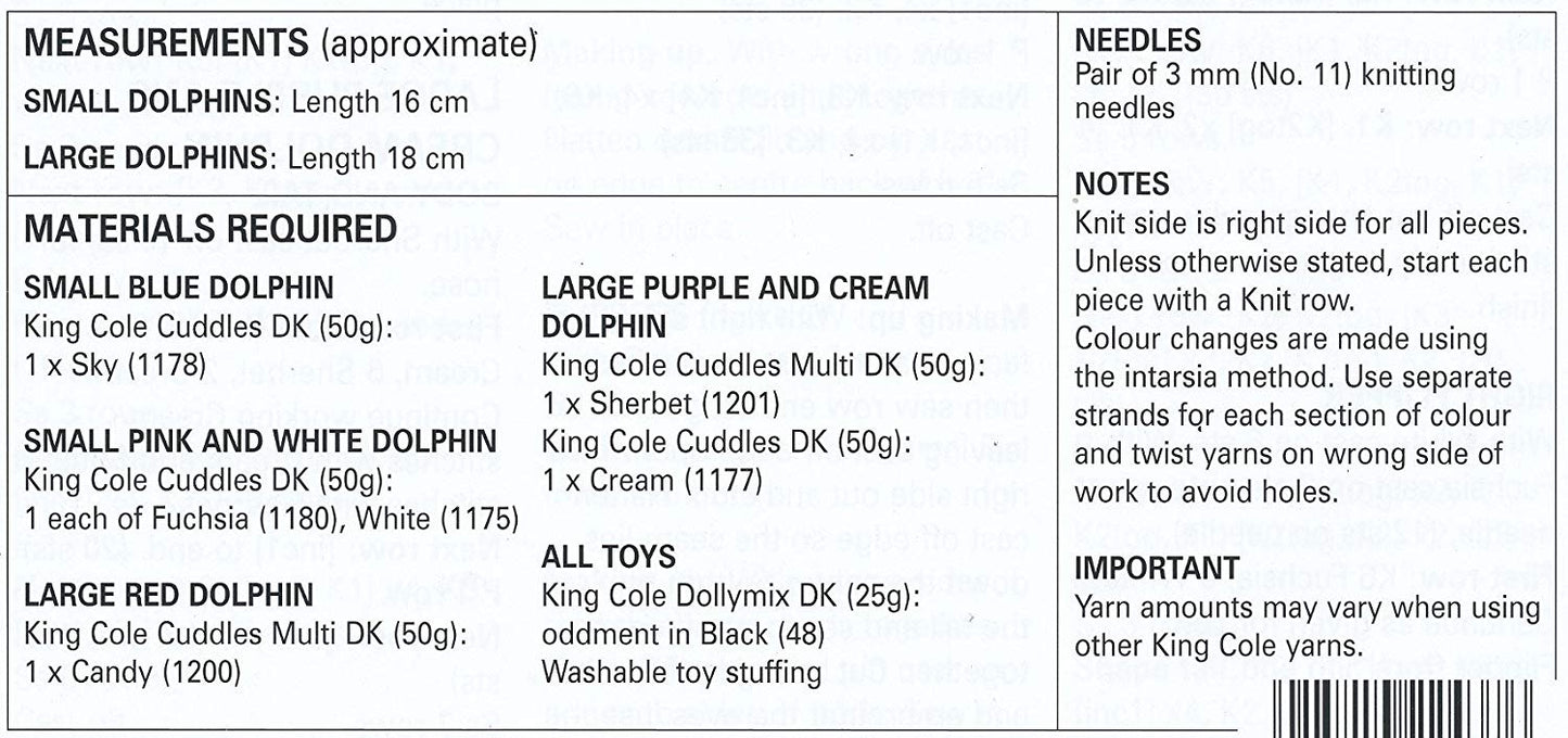King Cole 9045 Knitting Pattern Toy Dolphins to knit in Cuddles DK