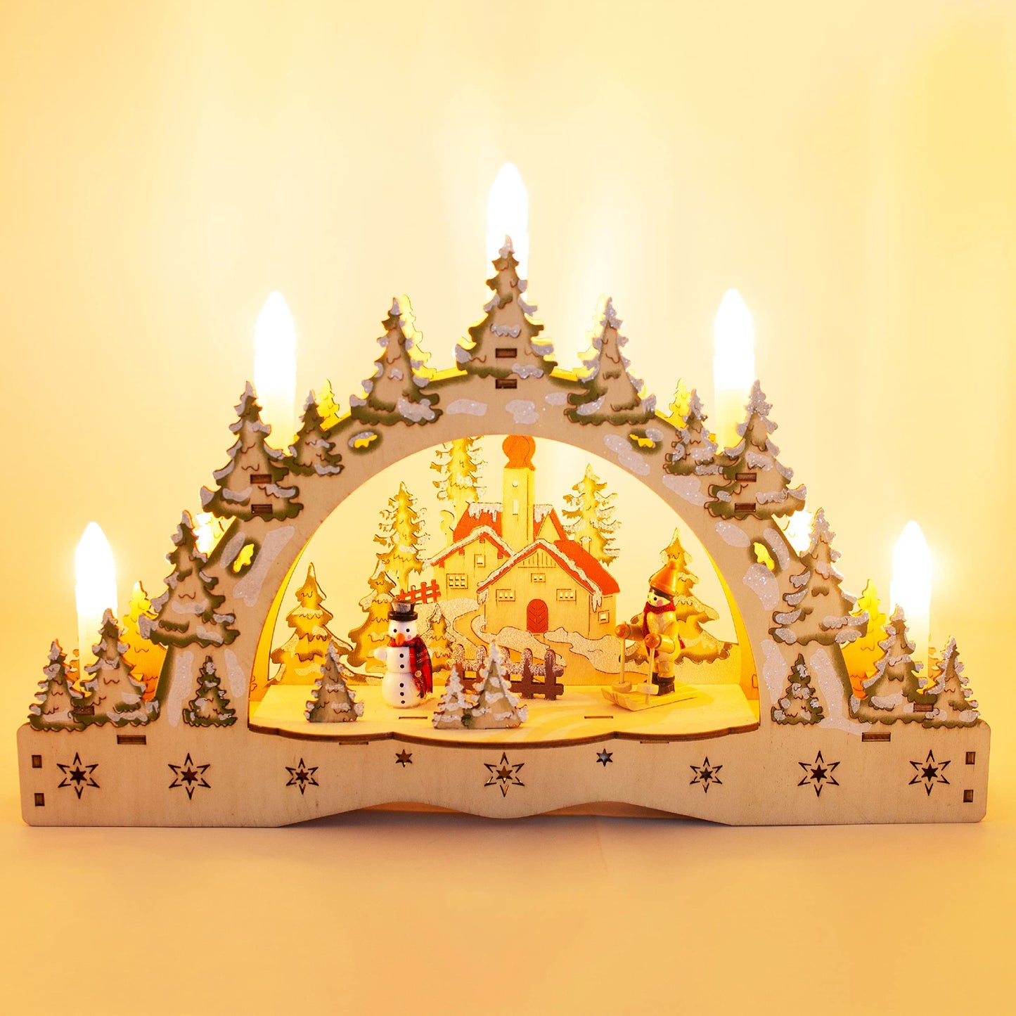 ToCi Illuminated candle arch with 5 LED candles and Christmas ski motif for Christmas decoration, window decoration and table decoration.