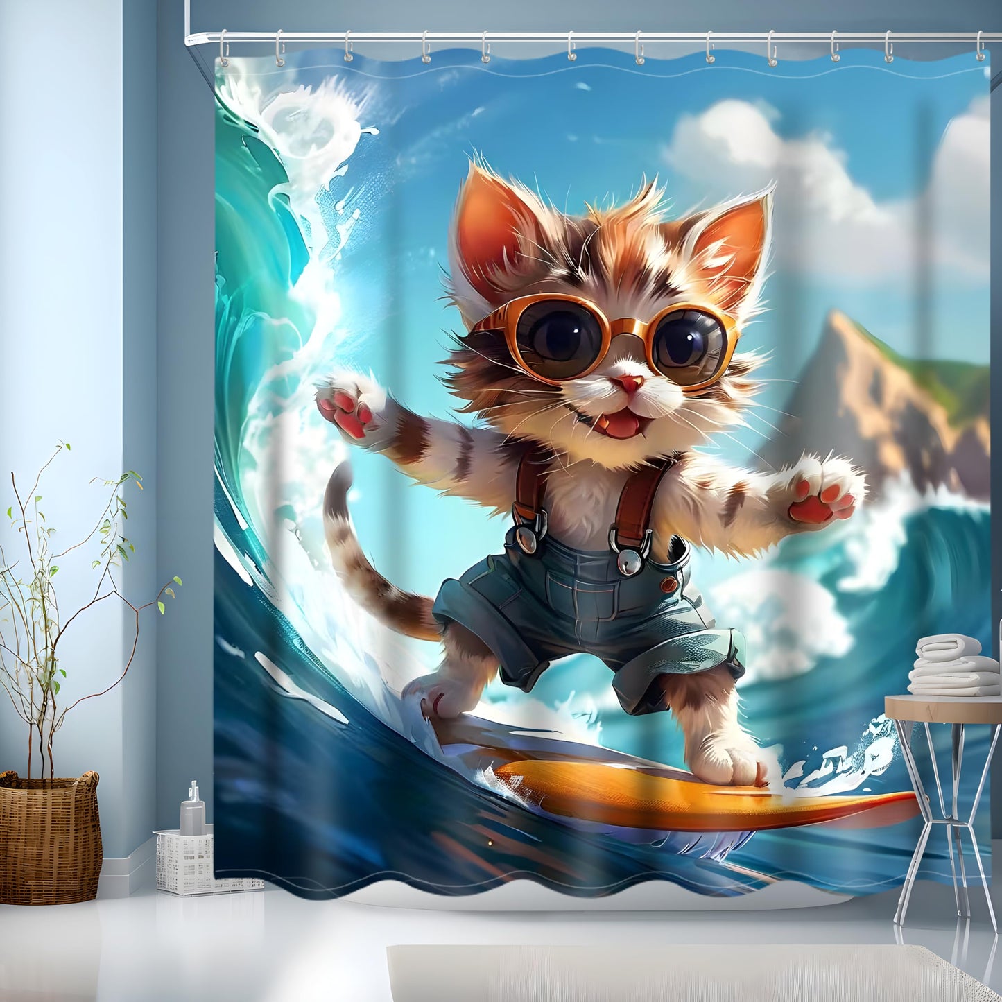 NEJLCTOROUS Funny Cat Shower Curtain 180x200cm, Cute Cartoon Bathtub Curtain, Sea Ocean Wave Bath Curtain,Polyester Waterproof Bathroom Curtains for