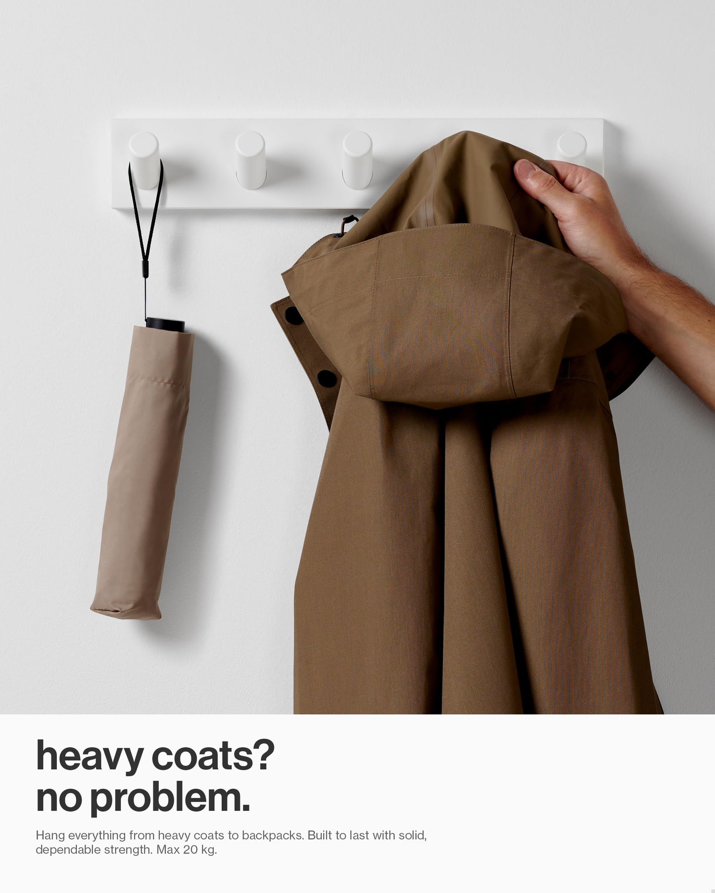 LARHN White Wall-Mounted Coat Rack - 5 Coat Hooks, 42cm