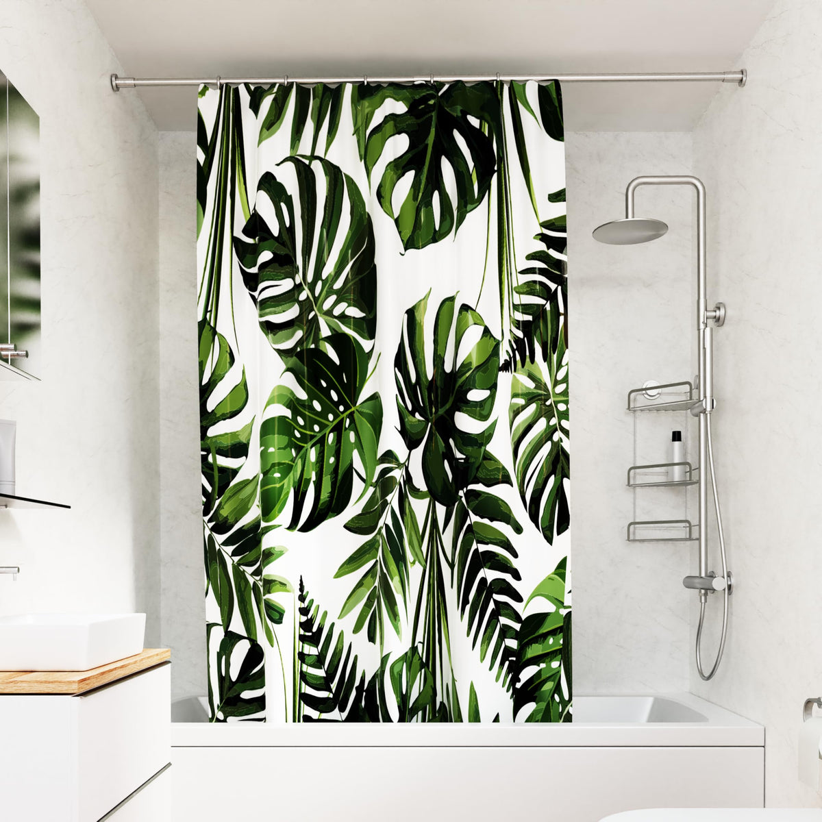 Croydex Shower Curtain with Green Botanical Leaves Design - 100% Polyester with a Weighted Hem, Machine Washable and coated with Proseal for Water