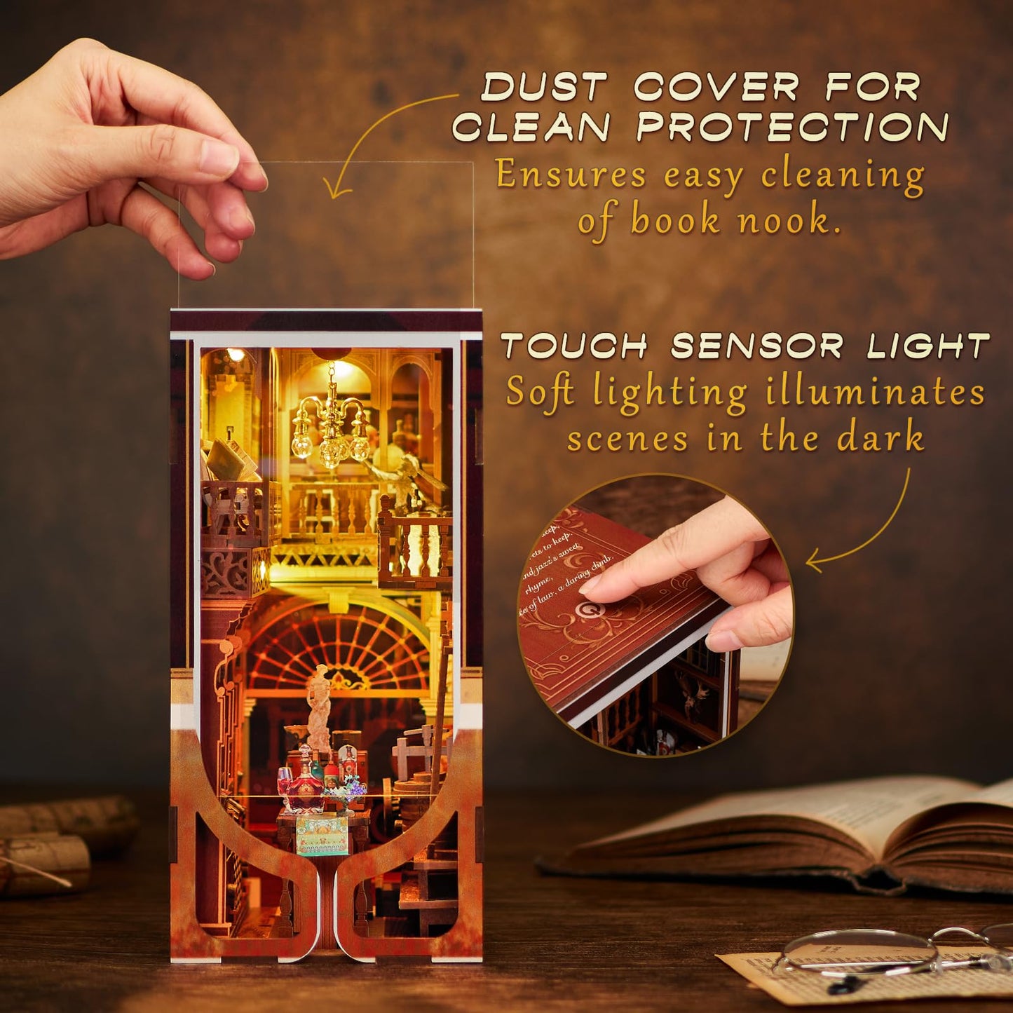 Book Nook Kit, DIY Miniature Dollhouse Booknook Kit, 3D Wooden Puzzle Bookend Bookshelf Insert Decor with LED Light for Teens and Adults (Roaring