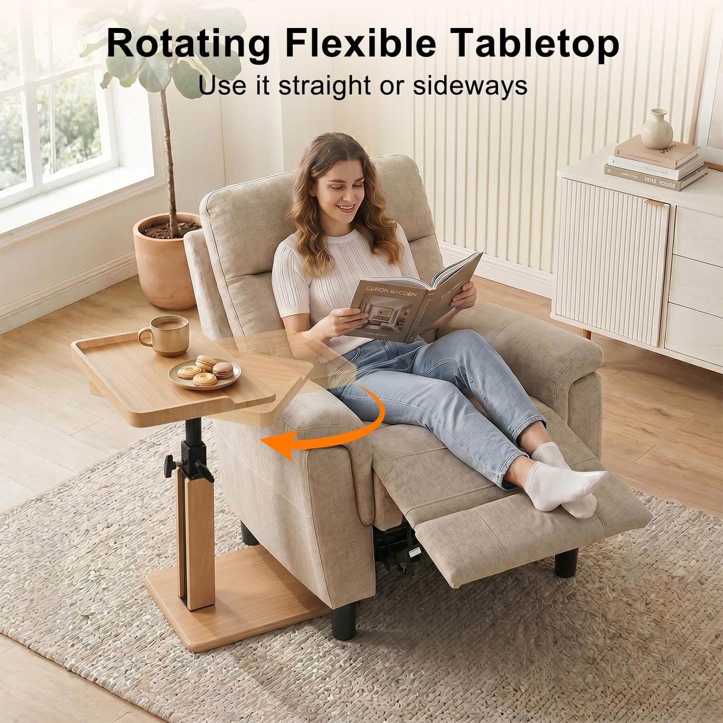 Bingyouth C Shaped Side Table, Adjustable Sofa Table 45-80 cm with Raised Wooden Tray Edges, Oak End Table for Living Room, Armchair Table